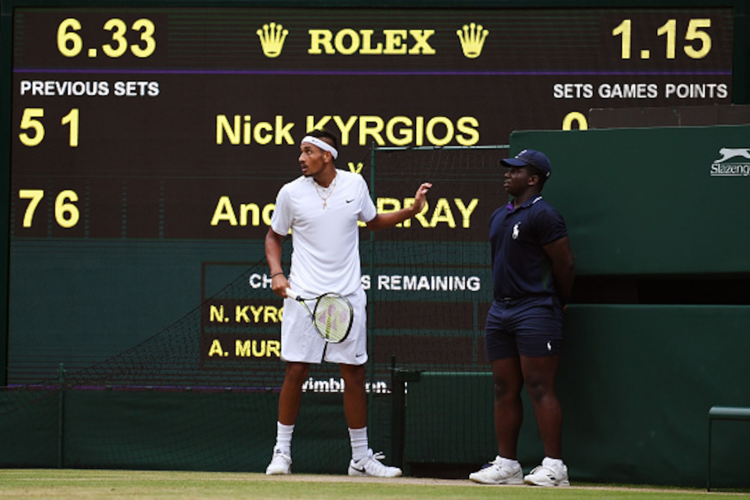 LONDON, ENGLAND - JULY 04:  Nick Kyrgios of Australia reacts during the Men's Singles fourth round match against Andy Murray of Great Britain on day seven of the Wimbledon Lawn Tennis Championships at the All England Lawn Tennis and Croquet Club on July 4