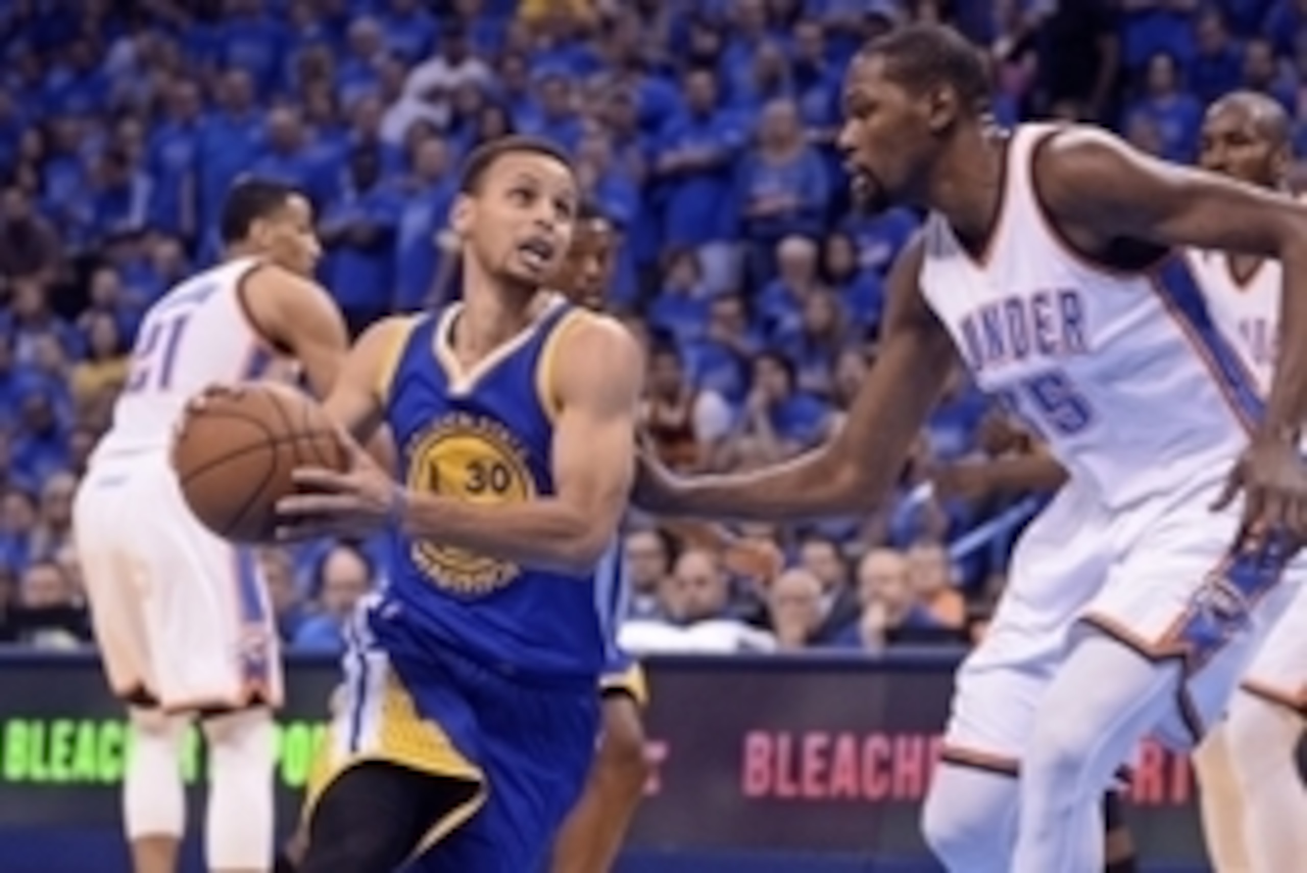May 28, 2016; Oklahoma City, OK, USA; Golden State Warriors guard Stephen Curry (30) drives to the basket as Oklahoma City Thunder forward Kevin Durant (35) defends during the first quarter in game six of the Western conference finals of the NBA Playoffs 