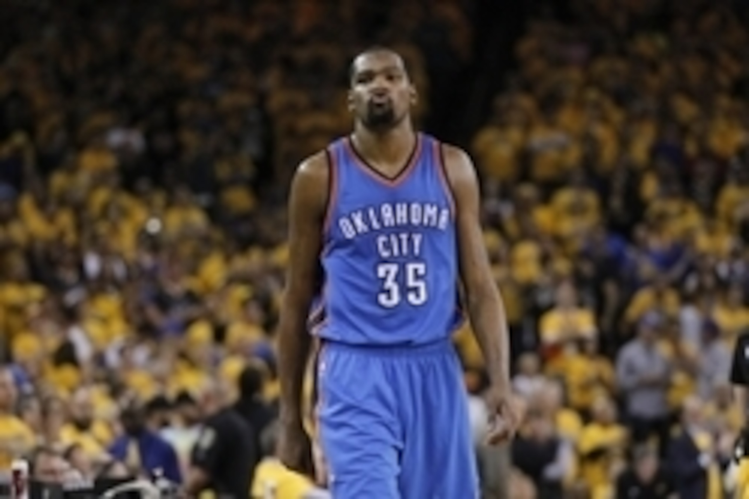 May 26, 2016; Oakland, CA, USA; Oklahoma City Thunder forward Kevin Durant (35) walks on the court against the Golden State Warriors in the fourth quarter in game five of the Western conference finals of the NBA Playoffs at Oracle Arena. The Warriors defe