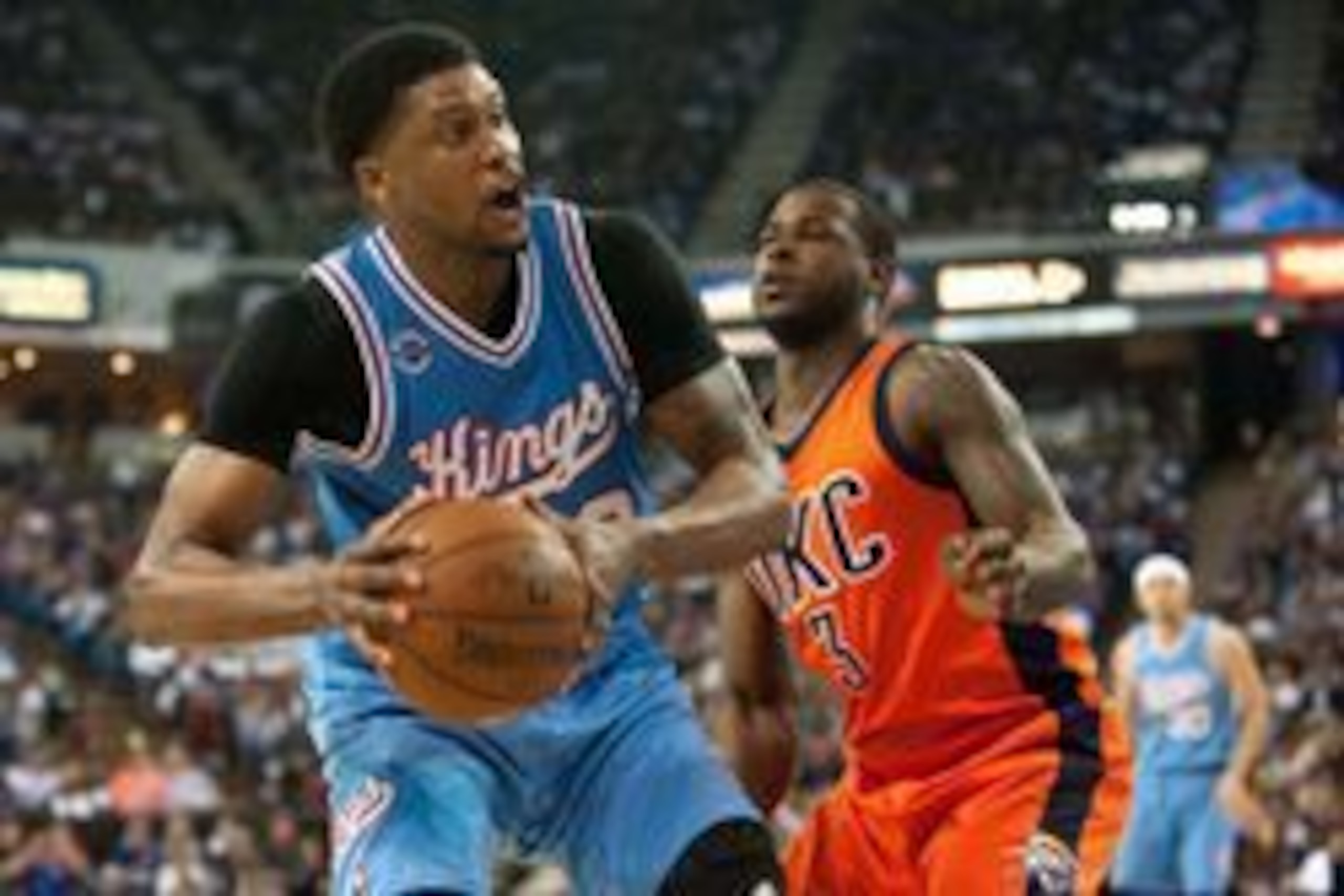 Apr 9, 2016; Sacramento, CA, USA; Sacramento Kings forward Rudy Gay (8) controls the ball as Oklahoma City Thunder guard Dion Waiters (3) defends during the fourth quarter at Sleep Train Arena. The Kings won 114-112. Mandatory Credit: Ed Szczepanski-USA T Apr 9, 2016; Sacramento, CA, USA; Sacramento Kings forward Rudy Gay (8) controls the ball as Oklahoma City Thunder guard Dion Waiters (3) defends during the fourth quarter at Sleep Train Arena. The Kings won 114-112. Mandatory Credit: Ed Szczepanski-USA T