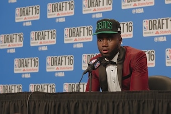 BROOKLYN, NY - JUNE 23: Jaylen Brown speaks with press after being selected third overall by the during the 2016 NBA Draft on June 23, 2016 at Barclays Center in Brooklyn, New York. NOTE TO USER: User expressly acknowledges and agrees that, by downloading
