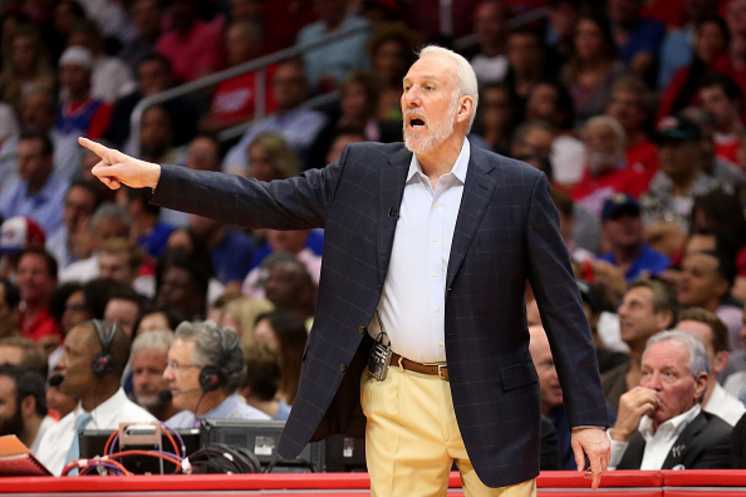 LOS ANGELES, CA - APRIL 28:  Head coach Greg Popovich of the San Antonio Spurs gestures against the Los Angeles Clippers during Game Five of the Western Conference quarterfinals of the 2015 NBA Playoffs at Staples Center on April 28, 2015 in Los Angeles, 