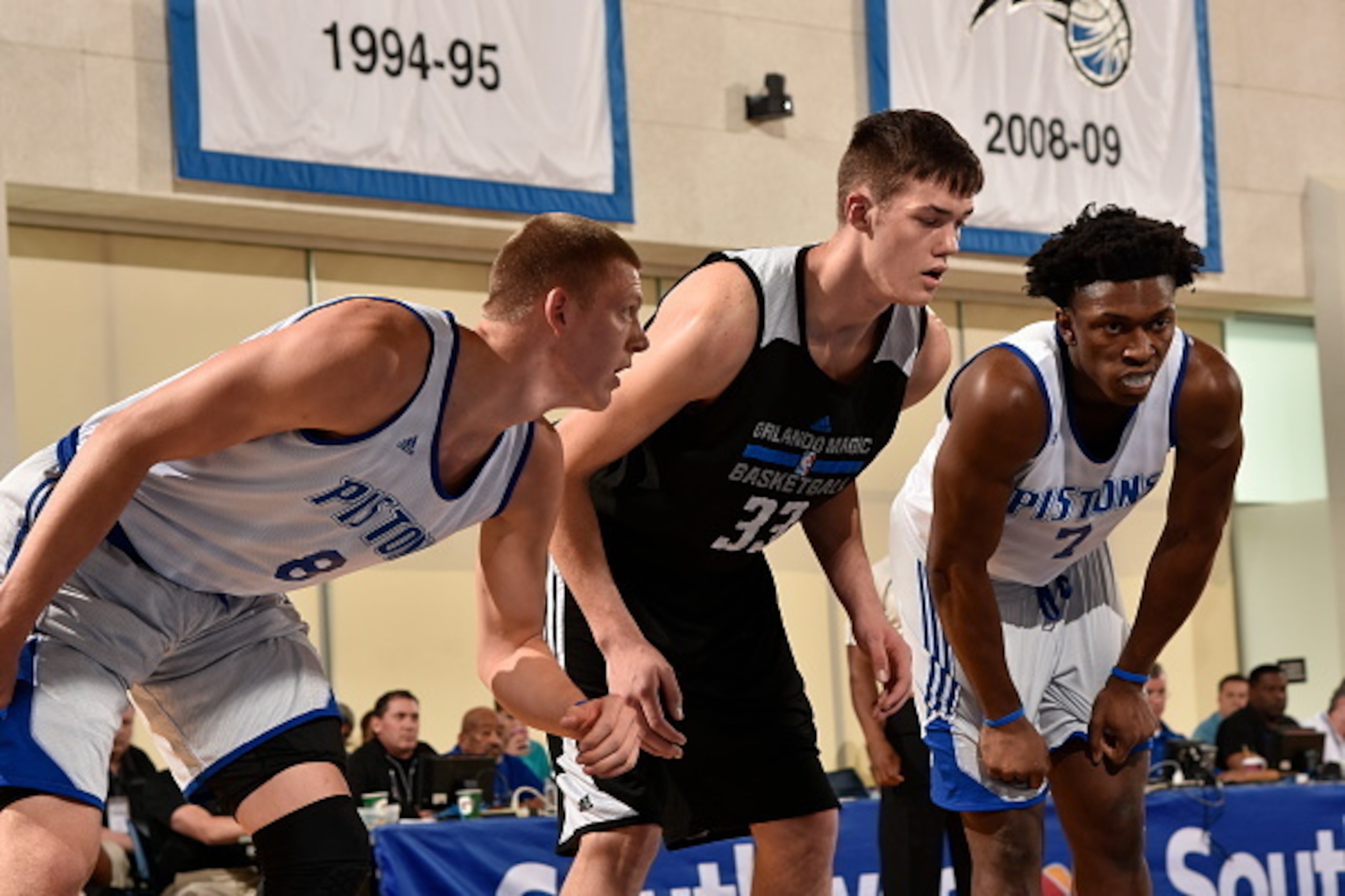 ORLANDO, FL - JULY 4: Henry Ellenson #8 of the Detroit Pistons and Stanley Johnson #7 of the Detroit Pistons fights for position against Stephen Zimmerman #33 of the Orlando Magic Blue during the Orlando Summer League on July 4, 2016 at Amway Center in O ORLANDO, FL - JULY 4: Henry Ellenson #8 of the Detroit Pistons and Stanley Johnson #7 of the Detroit Pistons fights for position against Stephen Zimmerman #33 of the Orlando Magic Blue during the Orlando Summer League on July 4, 2016 at Amway Center in O