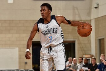 ORLANDO, FL - JULY 10: Semaj Christon #7 of the Oklahoma City Thunder handles the ball against the Los Angeles Clippers on July 10, 2015 at Amway Center in Orlando, Florida. NOTE TO USER: User expressly acknowledges and agrees that, by downloading and or 