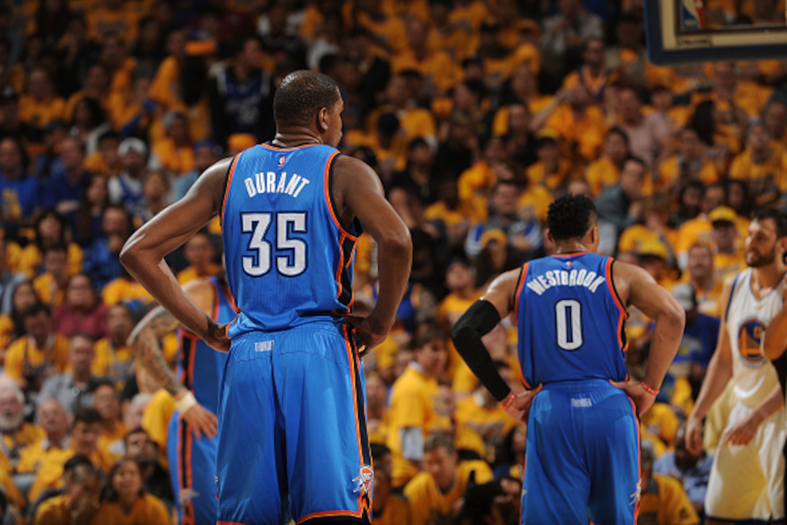 OAKLAND, CA - MAY 26: Kevin Durant #35 and Russell Westbrook #0 of the Oklahoma City Thunder during Game Five of the Western Conference Finals during the 2016 NBA Playoffs on May 26, 2016 at ORACLE Arena in Oakland, California. NOTE TO USER: User expressl