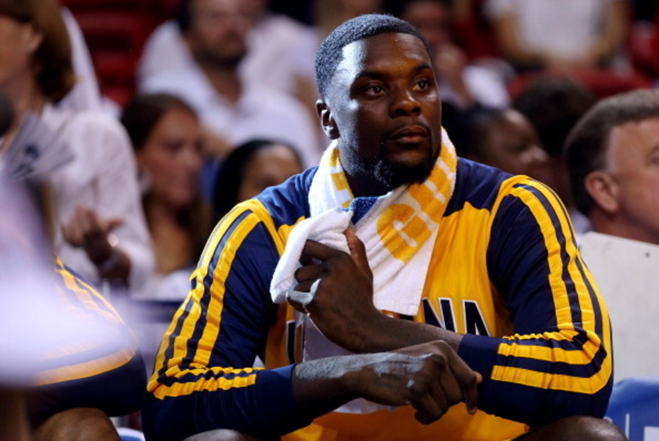 MIAMI, FL - MAY 30: Lance Stephenson #1 of the Indiana Pacers looks on from the bench against the Miami Heat during Game Six of the Eastern Conference Finals of the 2014 NBA Playoffs at American Airlines Arena on May 30, 2014 in Miami, Florida.  NOTE TO U