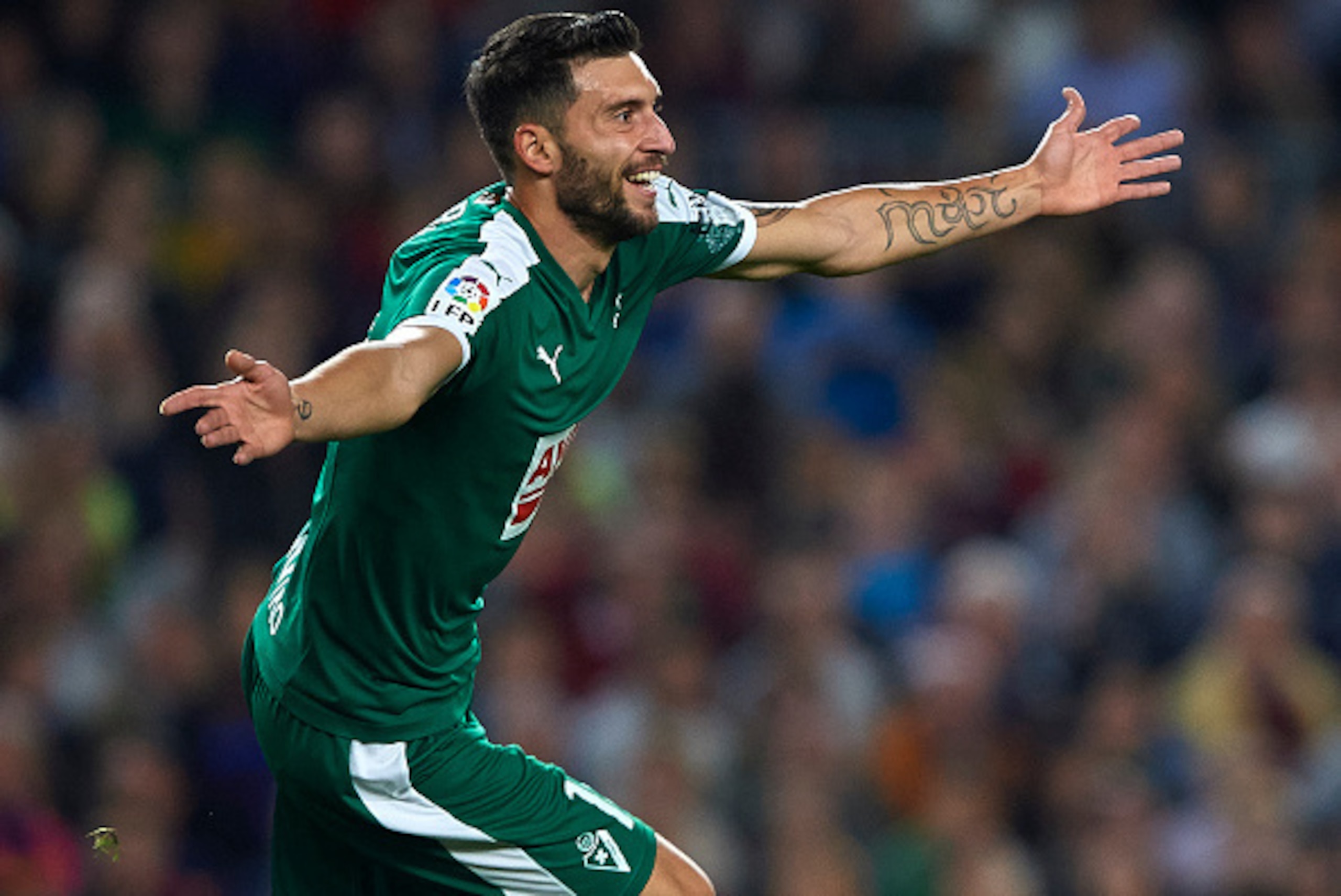 BARCELONA, SPAIN - OCTOBER 25:  Borja Gonzalez Tomas 'Baston'  of Eibar celebrates scoring his team's first goal during the La Liga match between FC Barcelona and SD Eibar at Camp Nou Stadium on October 25, 2015 in Barcelona, Spain.  (Photo by Manuel Quei