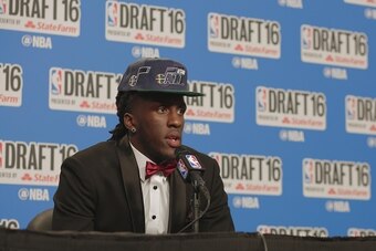 BROOKLYN, NY - JUNE 23: Taurean Prince speaks with press after being selected twelfth overall by the during the 2016 NBA Draft on June 23, 2016 at Barclays Center in Brooklyn, New York. NOTE TO USER: User expressly acknowledges and agrees that, by downloa