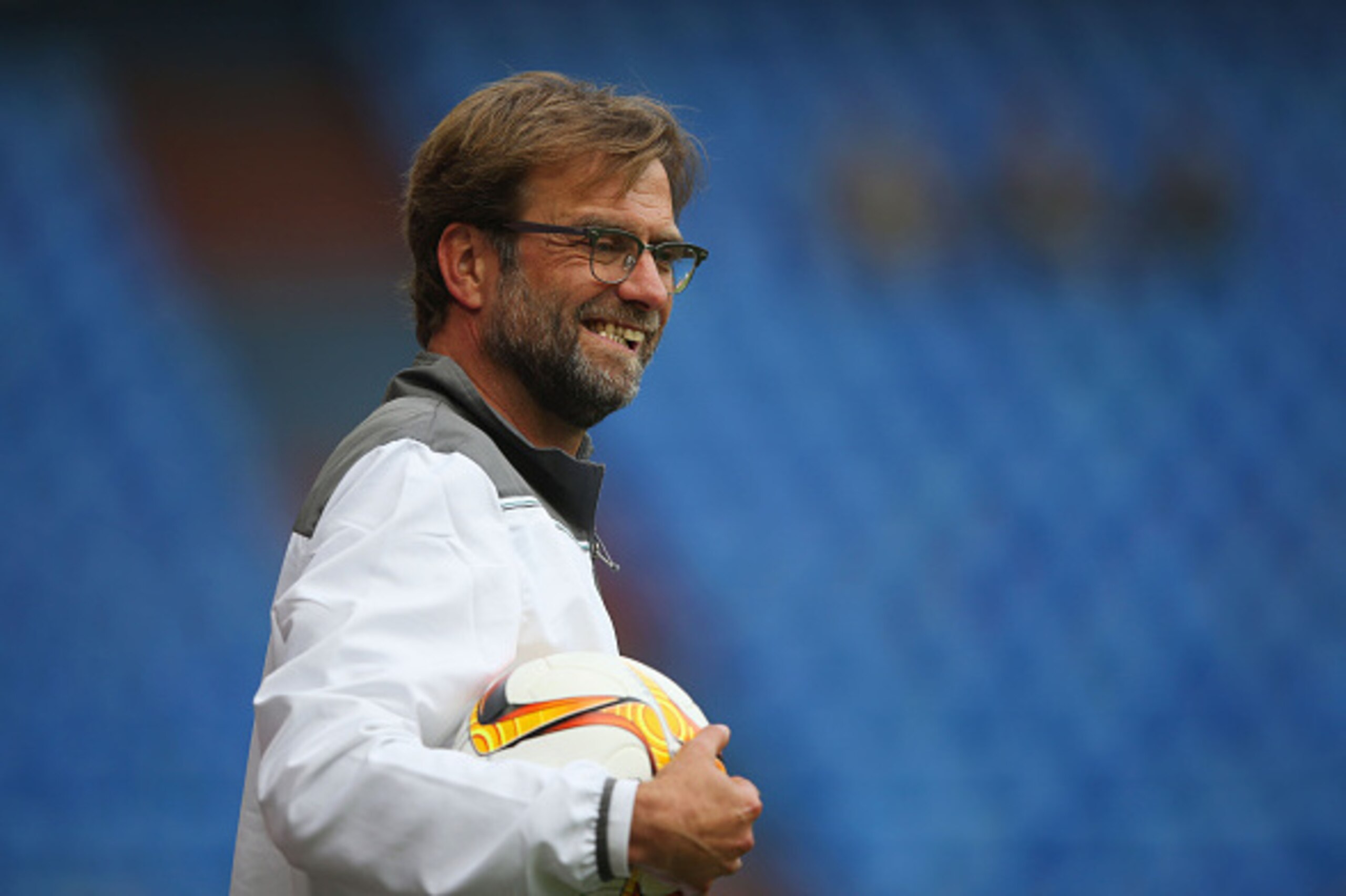 BASEL, SWITZERLAND - MAY 17:  Jurgen Klopp, manager of Liverpool smiles during a Liverpool training session on the eve of the UEFA Europa League Final against Sevilla at St. Jakob-Park on May 17, 2016 in Basel, Switzerland.  (Photo by Lars Baron/Getty Ima
