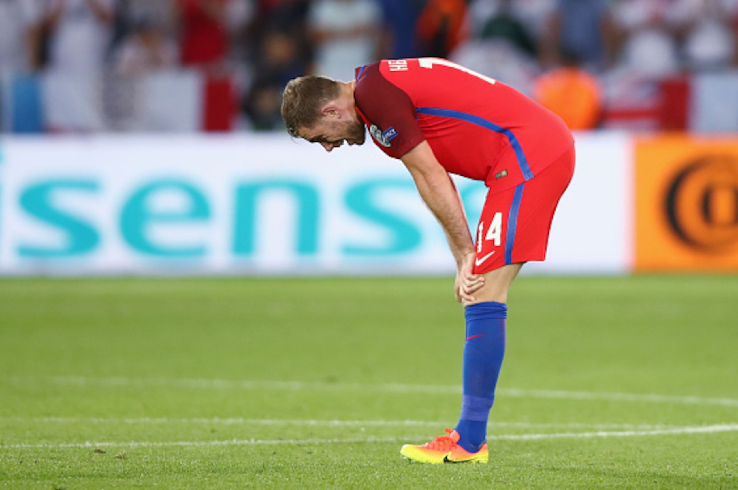 SAINT-ETIENNE, FRANCE - JUNE 20:  Jordan Henderson of England reacts after his team's scoreless draw in the UEFA EURO 2016 Group B match between Slovakia and England at Stade Geoffroy-Guichard on June 20, 2016 in Saint-Etienne, France.  (Photo by Clive Br