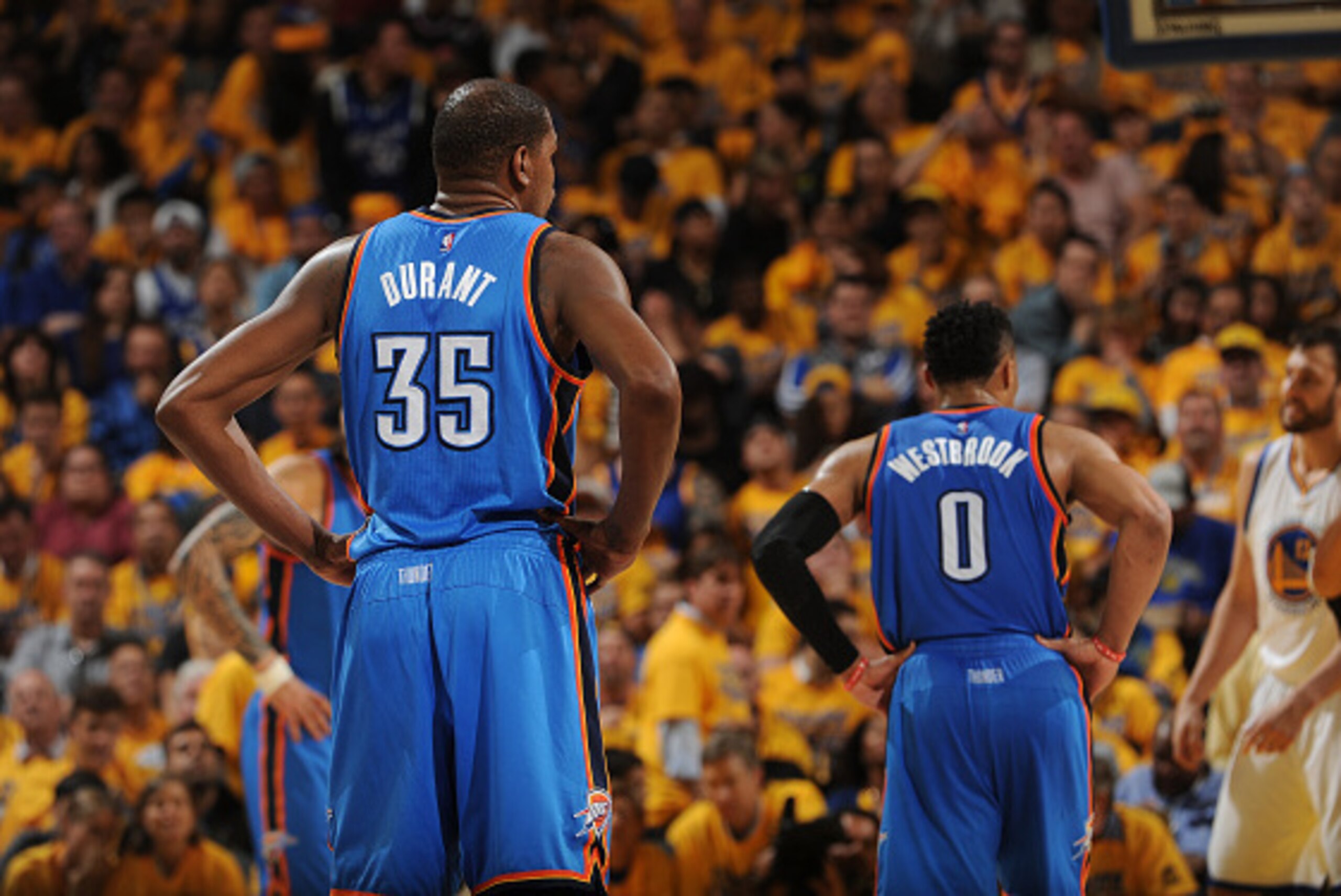 OAKLAND, CA - MAY 26: Kevin Durant #35 and Russell Westbrook #0 of the Oklahoma City Thunder during Game Five of the Western Conference Finals during the 2016 NBA Playoffs on May 26, 2016 at ORACLE Arena in Oakland, California. NOTE TO USER: User expressl
