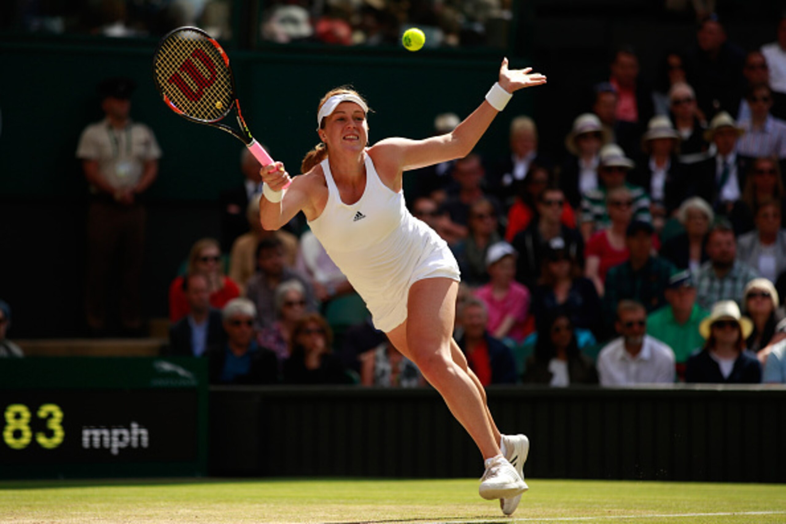 LONDON, ENGLAND - JULY 05:  Anastasia Pavlyuchenkova of Russia plays a forehand during the Ladies Singles Quarter Finals match against Serena Williams of The United States on day eight of the  Wimbledon Lawn Tennis Championships at the All England Lawn Te