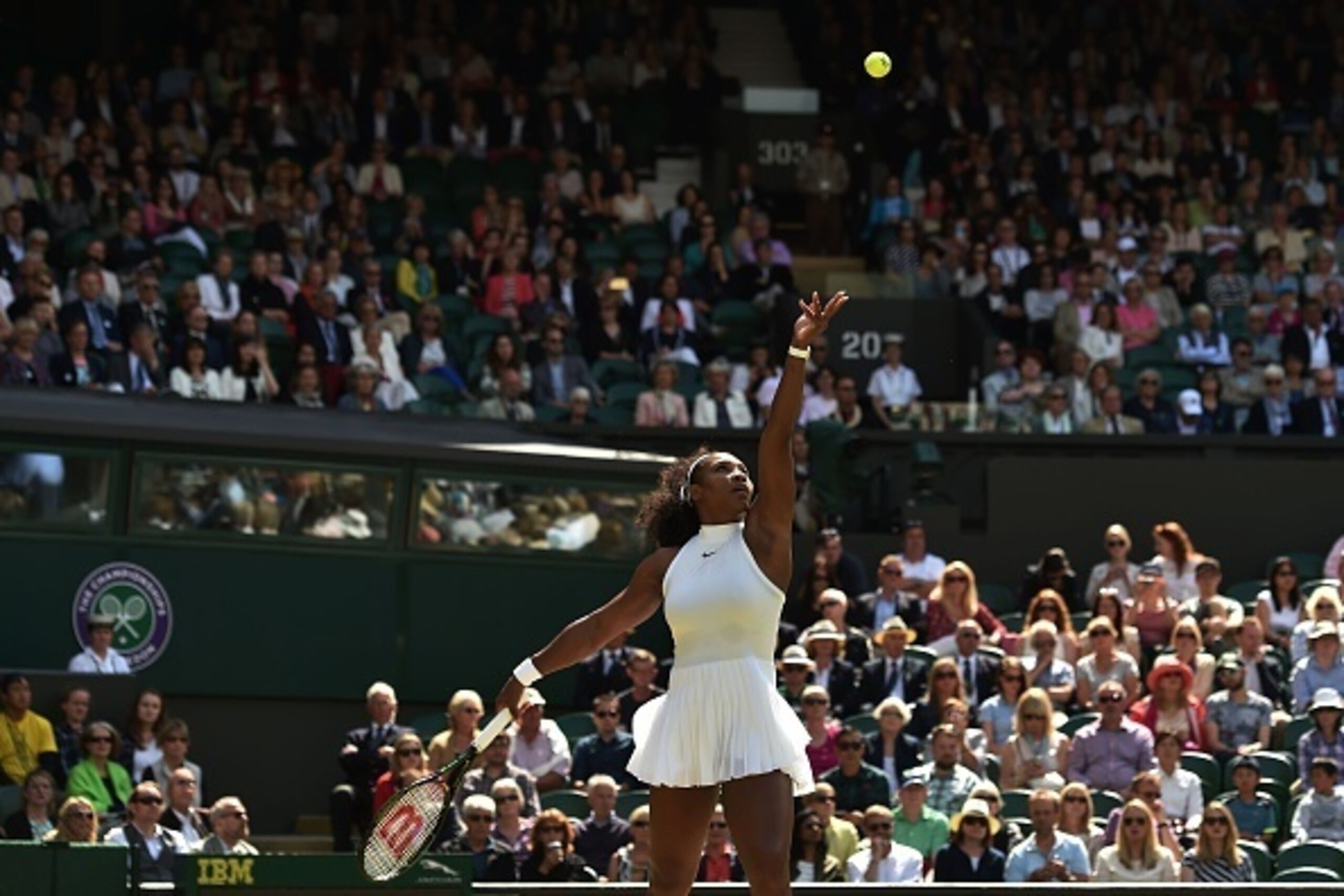 US player Serena Williams serves against Russia's Anastasia Pavlyuchenkova during their women's singles quarter-final match on the ninth day of the 2016 Wimbledon Championships at The All England Lawn Tennis Club in Wimbledon, southwest London, on July 5,