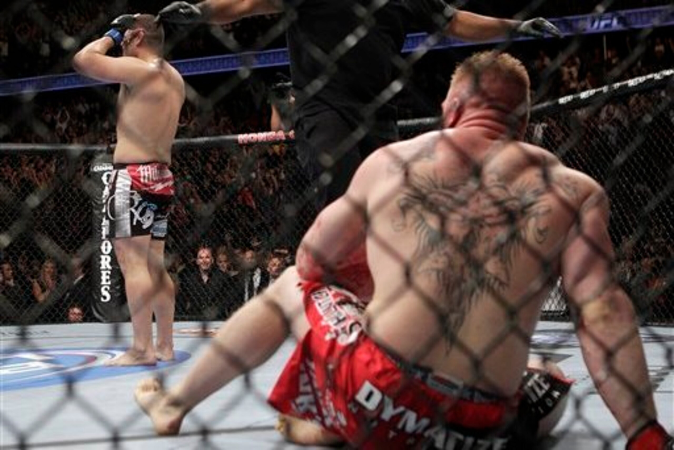 The referee calls the fight during Brock Lesnar vs. Cain Velasquez.