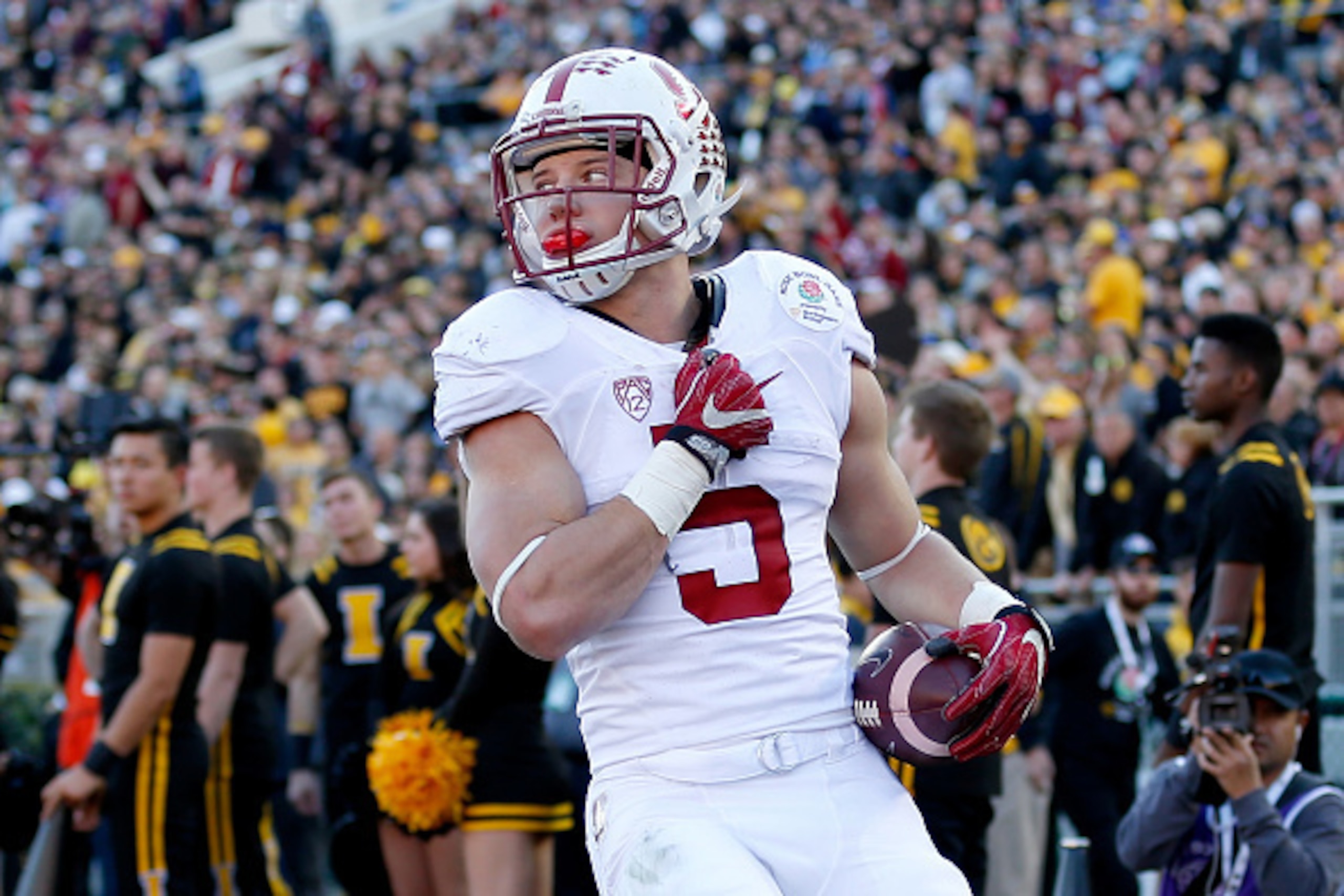 PASADENA, CA - JANUARY 01:  Christian McCaffrey #5 of the Stanford Cardinal reacts after a run in the 102nd Rose Bowl Game against the Iowa Hawkeyes on January 1, 2016 at the Rose Bowl in Pasadena, California.  (Photo by Sean M. Haffey/Getty Images)
