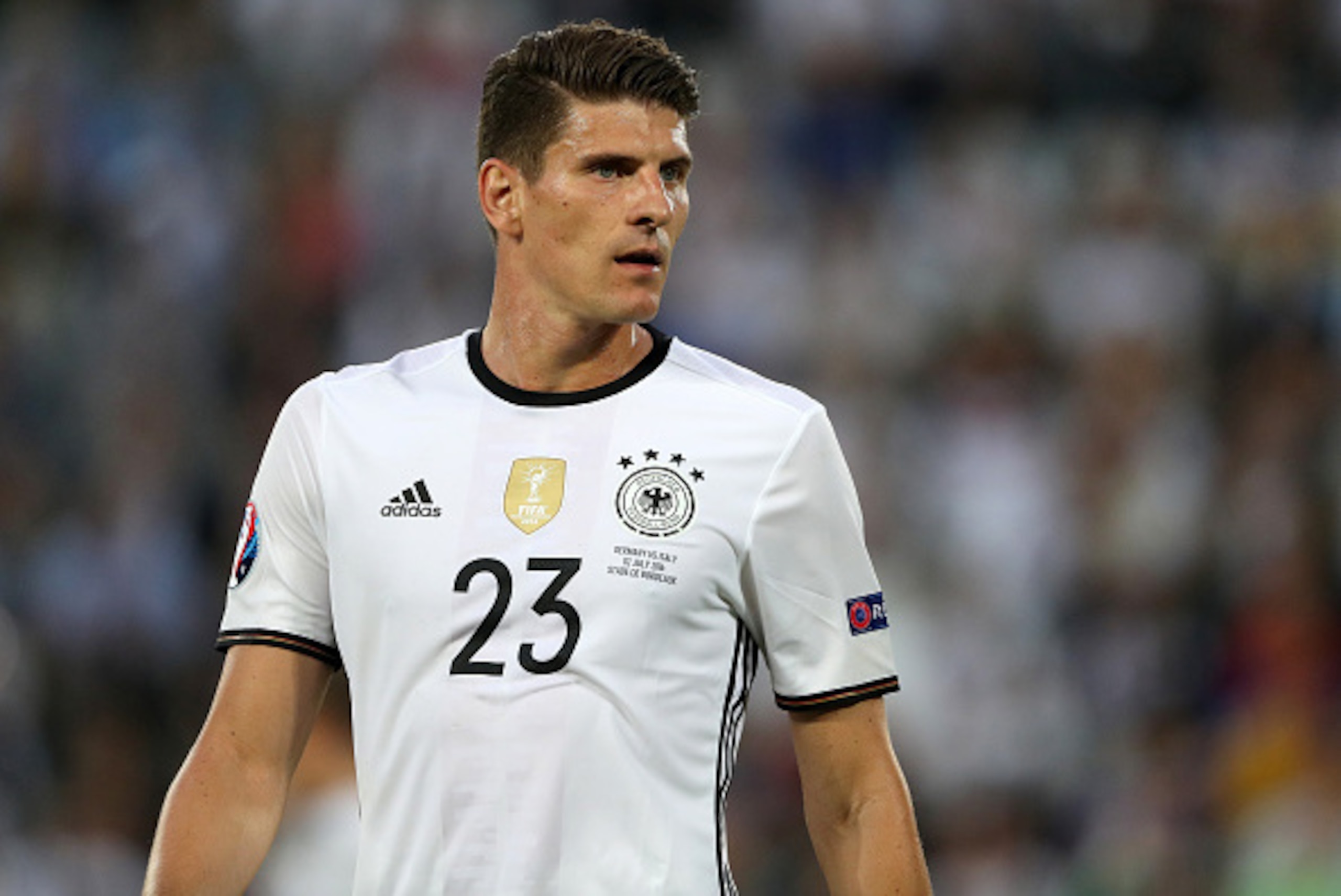 BORDEAUX, FRANCE - JULY 02: Mario Gomez of Germany during the UEFA Euro 2016 quarter final match between Germany and Italy at Stade Matmut Atlantique on July 2, 2016 in Bordeaux, France. (Photo by Matthew Ashton - AMA/Getty Images)