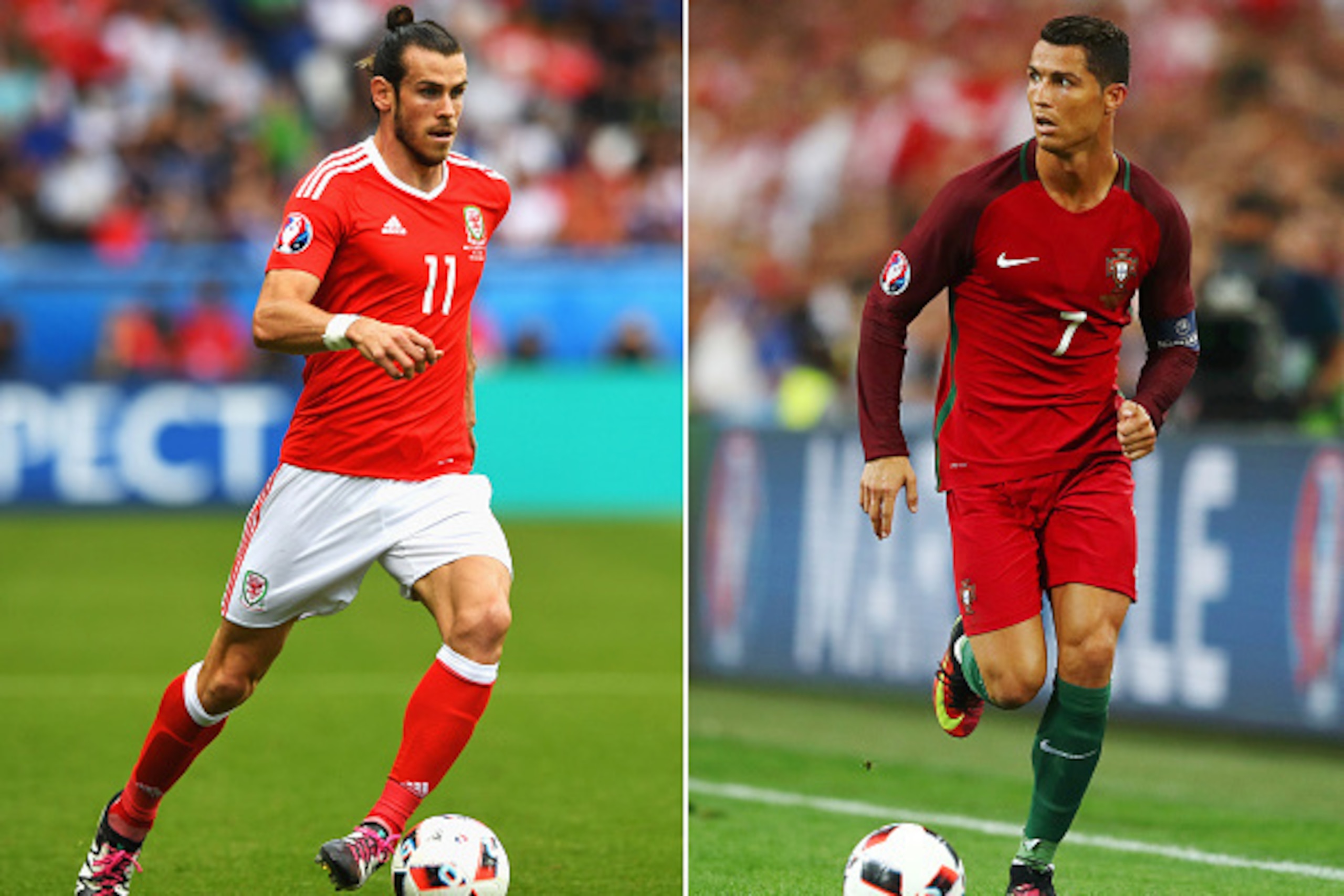 FILE PHOTO - (EDITORS NOTE: COMPOSITE OF TWO IMAGES - Image numbers (L) 542986656 and 543947200) In this composite image a comparision has been made between Gareth Bale of Wales (L) and Cristiano Ronaldo of Portugal. Wales and Portugal meet in the EURO201
