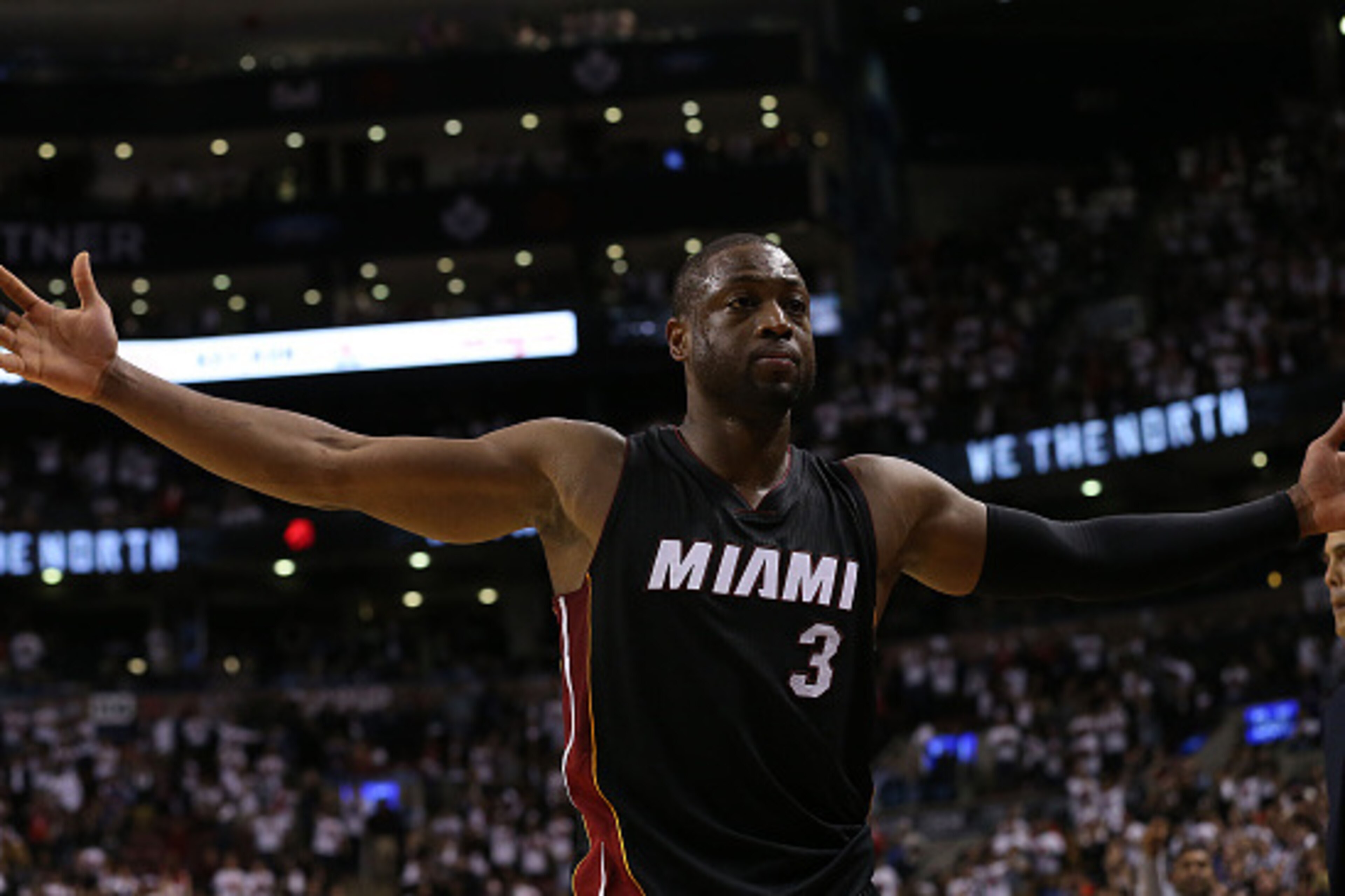 TORONTO, CAN - MAY 3: Dwyane Wade #3 of the Miami Heat celebrates after sinking a basket against the Toronto Raptors during Game One of the NBA Eastern Conference Semi Finals at Air Canada Centre on May 3, 2016 in Toronto, Ontario, Canada. NOTE TO USER: TORONTO, CAN - MAY 3: Dwyane Wade #3 of the Miami Heat celebrates after sinking a basket against the Toronto Raptors during Game One of the NBA Eastern Conference Semi Finals at Air Canada Centre on May 3, 2016 in Toronto, Ontario, Canada. NOTE TO USER: