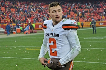 KANSAS CITY, MO - DECEMBER 27:  Quarterback Johnny Manziel #2 of the Cleveland Browns walks off the field, after losing to the Kansas City Chiefs on December 27, 2015 at Arrowhead Stadium in Kansas City, Missouri.  (Photo by Peter G. Aiken/Getty Images)
