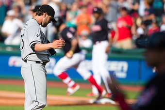 CLEVELAND, OH -  JUNE 18: Mike Napoli #26 of the Cleveland Indians rounds the bases after hitting a three run home run during the first inning off starting pitcher James Shields #25 of the Chicago White Sox at Progressive Field on June 18, 2016 in Clevela