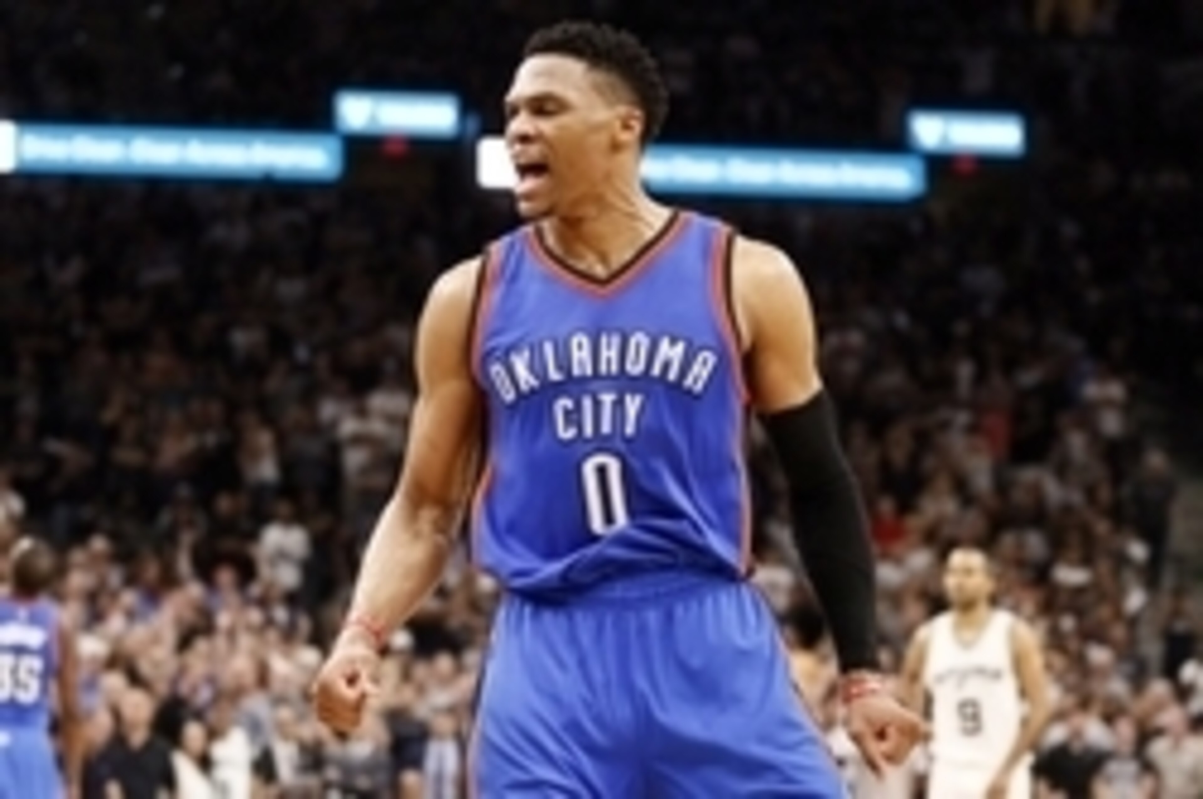 May 10, 2016; San Antonio, TX, USA; Oklahoma City Thunder point guard Russell Westbrook (0) celebrates a basket and a foul against the San Antonio Spurs after scoring in game five of the second round of the NBA Playoffs at AT&T Center. Mandatory Credit: S