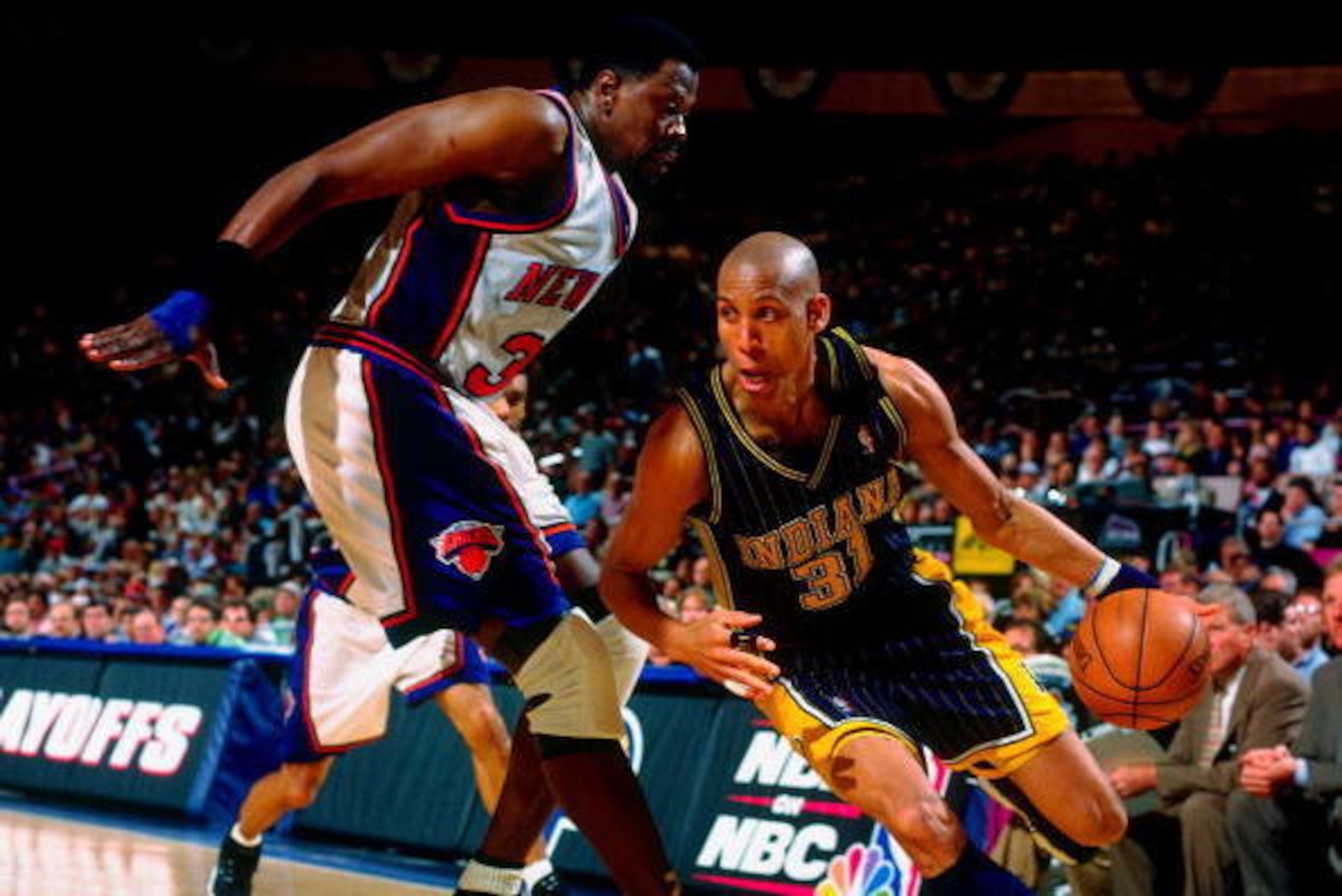 NEW YORK - MAY 10: Reggie Miller #31 of the Indiana Pacers drives around Patrick Ewing #33 of the New York Knicks in Game Four of the Eastern Conference Semifinals during the 1998 NBA Playoffs at Madison Square Garden on May 10, 1998 in New York, New Yor NEW YORK - MAY 10: Reggie Miller #31 of the Indiana Pacers drives around Patrick Ewing #33 of the New York Knicks in Game Four of the Eastern Conference Semifinals during the 1998 NBA Playoffs at Madison Square Garden on May 10, 1998 in New York, New Yor
