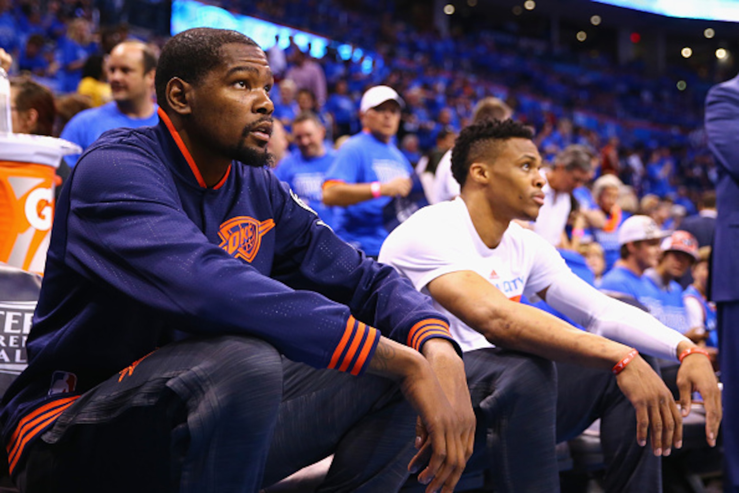 OKLAHOMA CITY, OK - MAY 28:  Kevin Durant #35 of the Oklahoma City Thunder and Russell Westbrook #0 look on prior to game six of the Western Conference Finals against the Golden State Warriors during the 2016 NBA Playoffs at Chesapeake Energy Arena on May