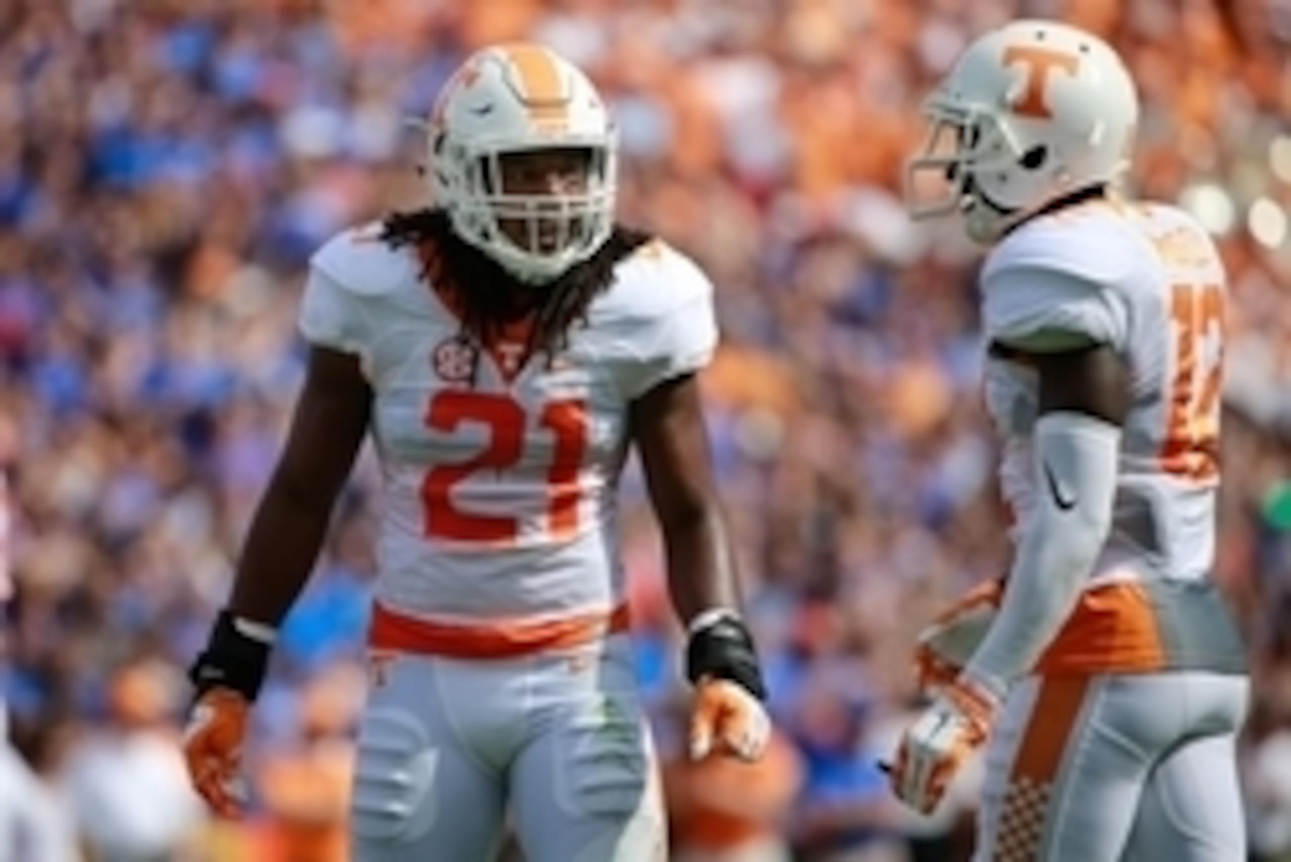 Sep 26, 2015; Gainesville, FL, USA; Tennessee Volunteers linebacker Jalen Reeves-Maybin (21) and defensive back Emmanuel Moseley (12) during the first quarter at Ben Hill Griffin Stadium. Mandatory Credit: Kim Klement-USA TODAY Sports