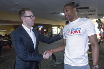 EDMOND, OK - MARCH 31:  Sam Presti general manager joins Russell Westbrook #0 of the Oklahoma City Thunder at his annual Why Not Foundation fundraiser to benefit the Boys and Girls Club at AMC Boulevard Bowl in Edmond, Oklahoma. NOTE TO USER:  User expres