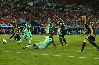 LYON, FRANCE - JULY 06:  Nani of Portugal scores a goal to make the score 2-0 during the UEFA Euro 2016 Semi Final match between Portugal and Wales at Stade des Lumieres on July 6, 2016 in Lyon, France.  (Photo by Matthew Ashton - AMA/Getty Images)