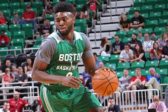SALT LAKE CITY, UT - JULY 04:  Jaylen Brown #9 of the Boston Celtics dribbles the ball against the Philadelphia 76ers during the 2016 Utah Summer League at vivint.SmartHome Arena on July 04, 2016 in Salt Lake City, Utah. NOTE TO USER: User expressly ackno