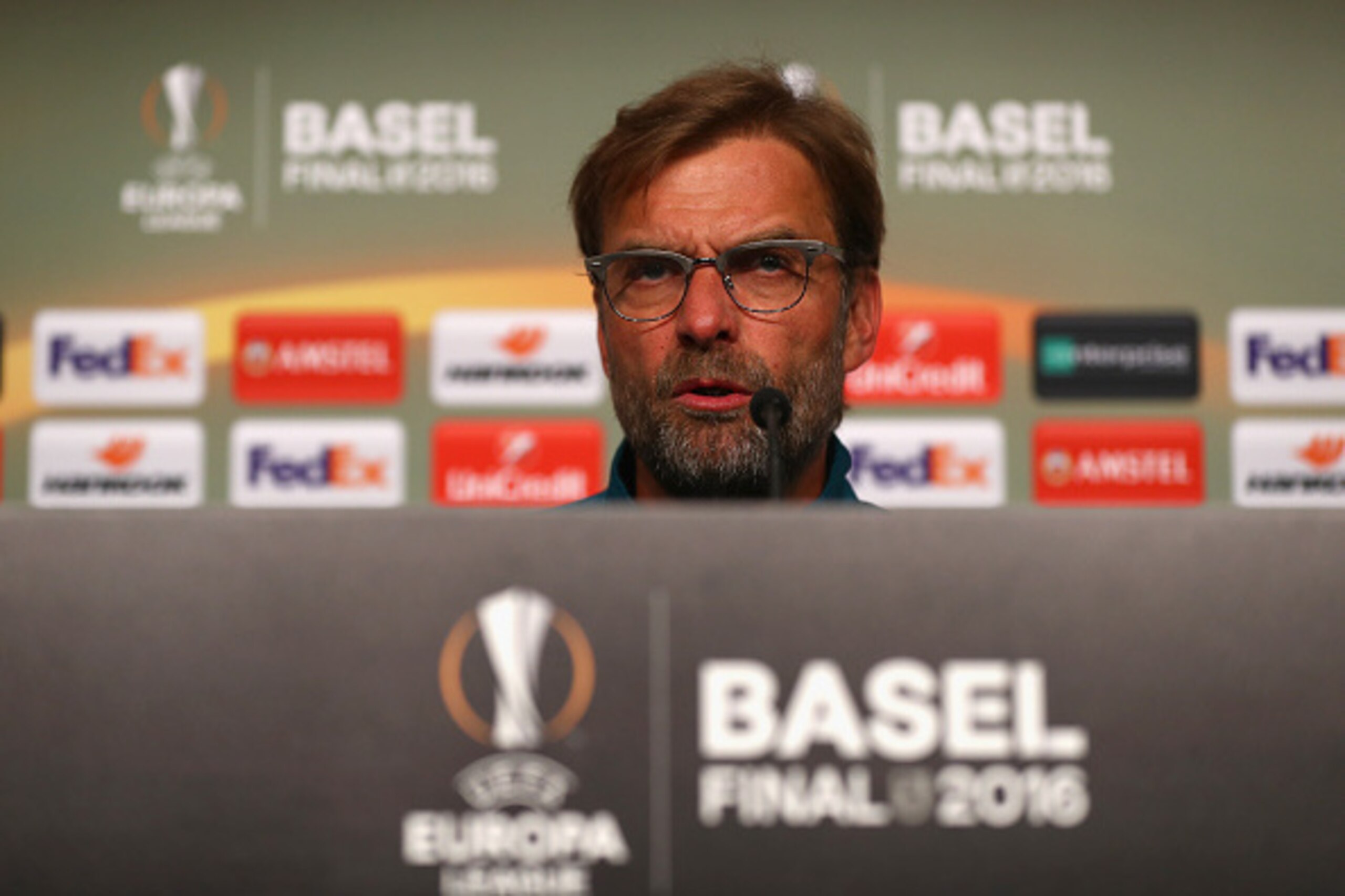 BASEL, SWITZERLAND - MAY 18:  In this handout image provided by UEFA, Jurgen Klopp, manager of Liverpool attends a press conference after the UEFA Europa League Final match between Liverpool and Sevilla at St. Jakob-Park on May 18, 2016 in Basel, Switzerl