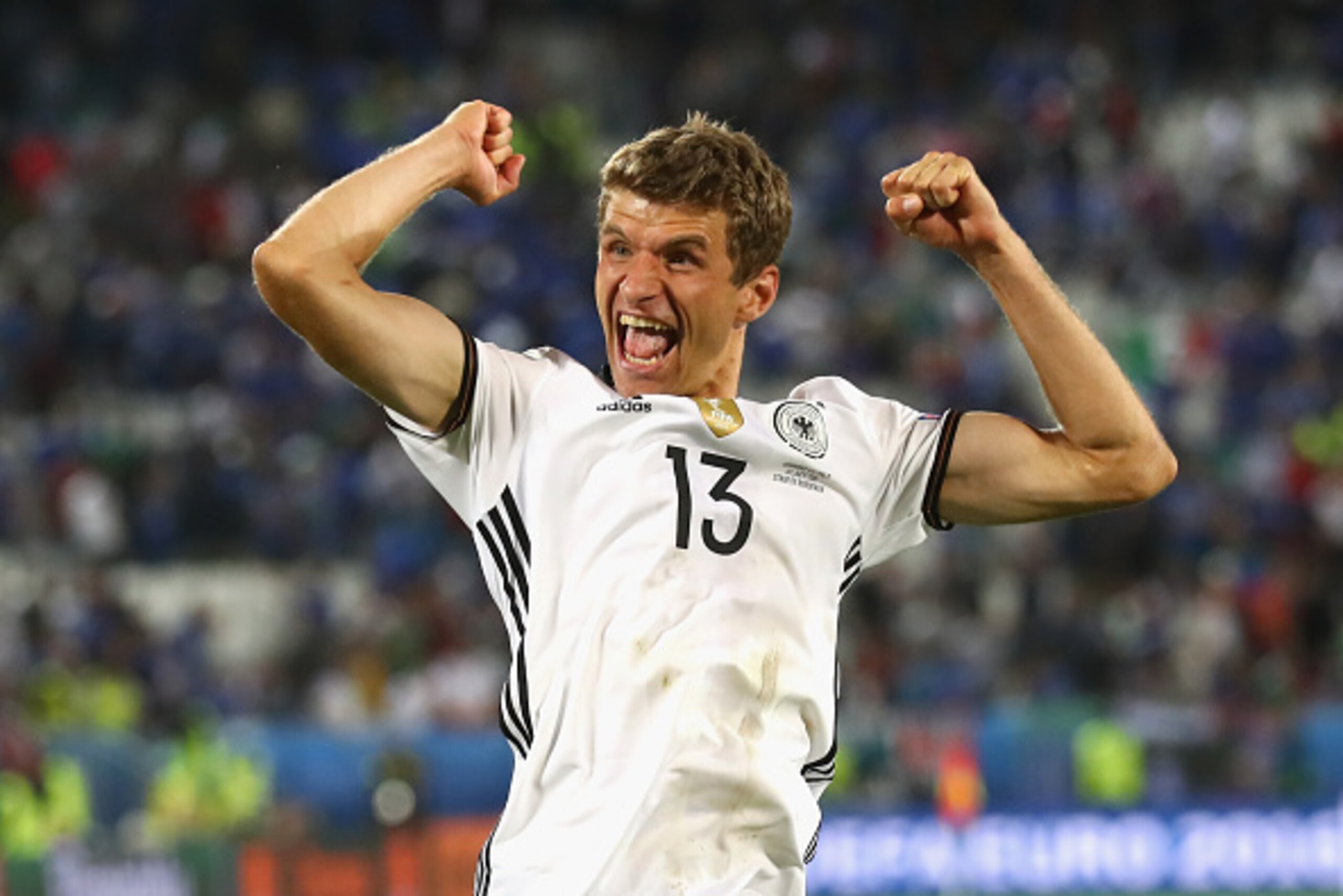 BORDEAUX, FRANCE - JULY 02:  Thomas Mueller of Germany celebrates victory after winning  the UEFA EURO 2016 quarter final match between Germany and Italy at Stade Matmut Atlantique on July 2, 2016 in Bordeaux, France.  (Photo by Alexander Hassenstein/Gett