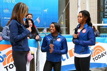 NEW YORK, NY - APRIL 27:  Members of Team USA, Gabby Douglas and Simone Biles talk to Today Show anchor Natalie Morales during a visit to NBC's TODAY Show during their Road to Rio Tour presented by Liberty Mutual on April 27, 2016 in New York City. The ev