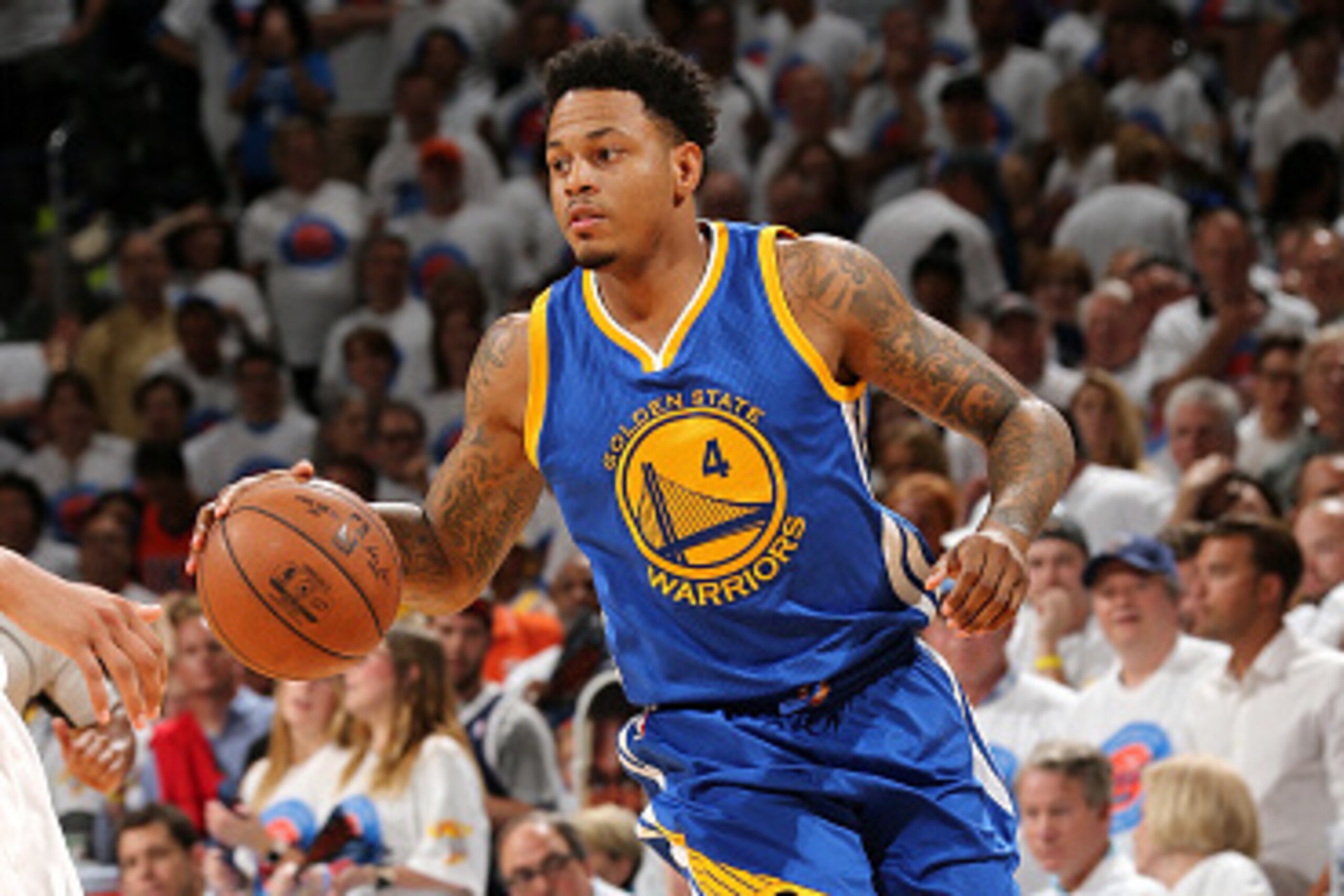 OKLAHOMA CITY, OK- MAY 24: Brandon Rush #4 of the Golden State Warriors handles the ball during the game against the Oklahoma City Thunder in Game Four of the Western Conference Finals during the 2016 NBA Playoffs on May 24, 2016 at Chesapeake Energy Aren