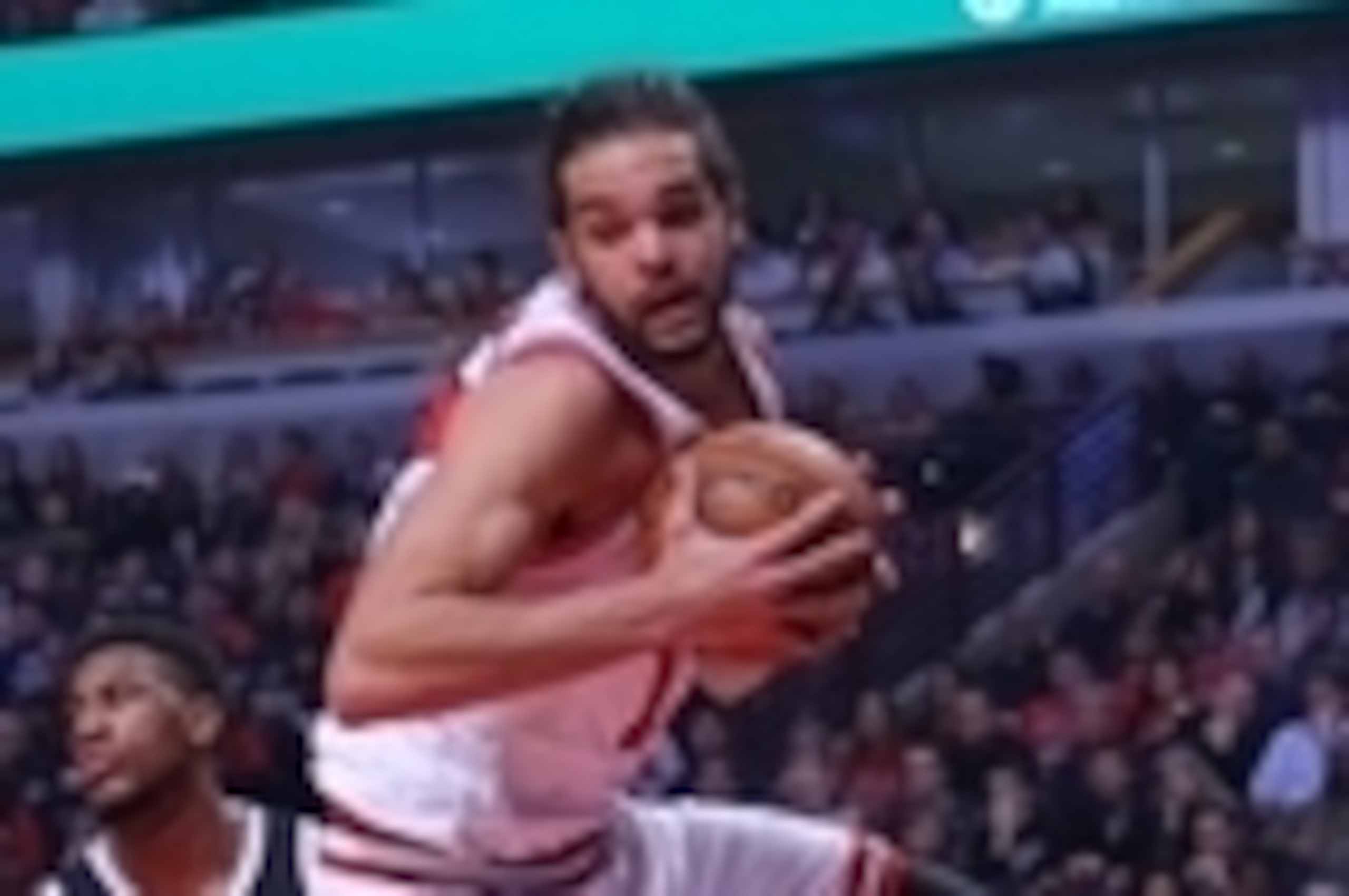 Dec 21, 2015; Chicago, IL, USA; Chicago Bulls center Joakim Noah (13) rebounds over Brooklyn Nets forward Thaddeus Young (30) during the second half at the United Center. Brooklyn won 105-102. Mandatory Credit: Dennis Wierzbicki-USA TODAY Sports