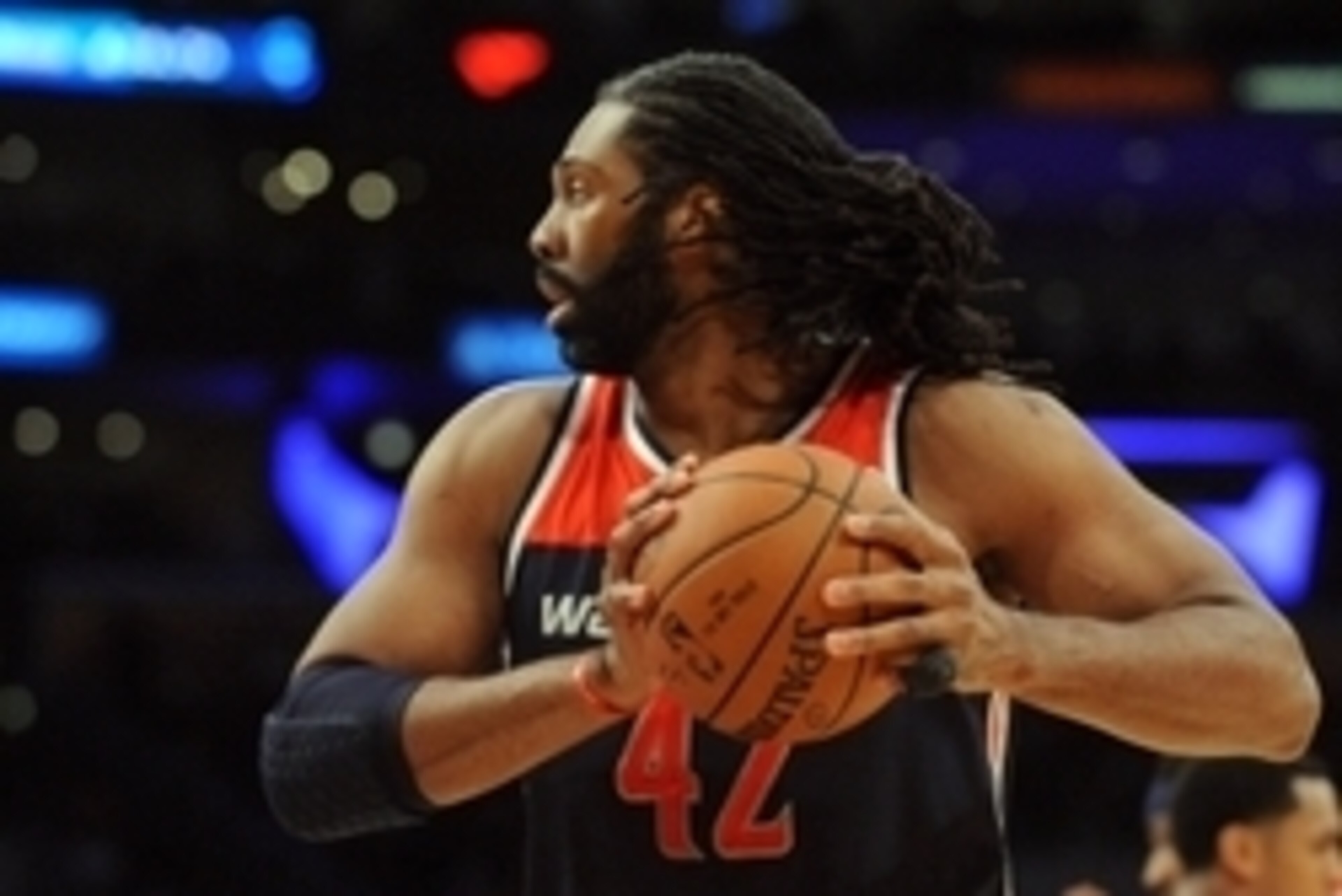 March 27, 2016; Los Angeles, CA, USA; Washington Wizards center Nene Hilario (42) controls the ball against Los Angeles Lakers during the first half at Staples Center. Mandatory Credit: Gary A. Vasquez-USA TODAY Sports March 27, 2016; Los Angeles, CA, USA; Washington Wizards center Nene Hilario (42) controls the ball against Los Angeles Lakers during the first half at Staples Center. Mandatory Credit: Gary A. Vasquez-USA TODAY Sports