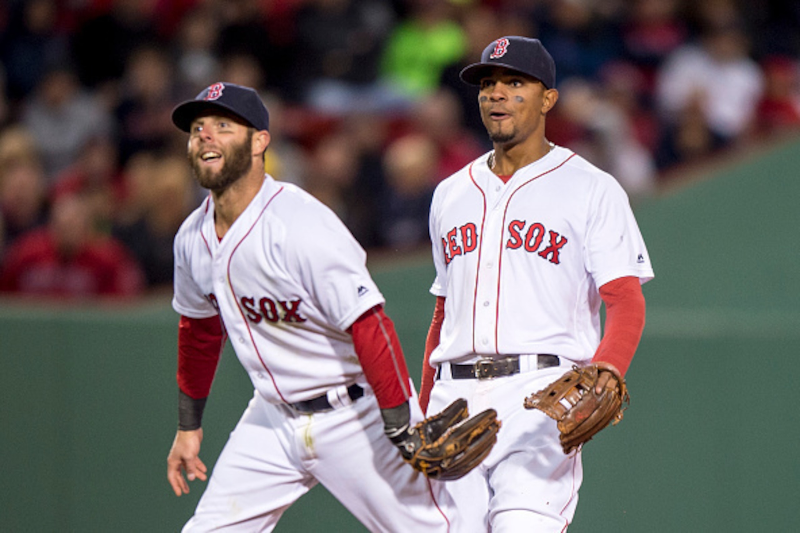 BOSTON, MA - APRIL 30: Dustin Pedroia #15 and Xander Bogaerts #2 of the Boston Red Sox react after turning a double play together during the fifth inning of a game against the New York Yankees on April 30, 2016 at Fenway Park in Boston, Massachusetts . (P BOSTON, MA - APRIL 30: Dustin Pedroia #15 and Xander Bogaerts #2 of the Boston Red Sox react after turning a double play together during the fifth inning of a game against the New York Yankees on April 30, 2016 at Fenway Park in Boston, Massachusetts . (P