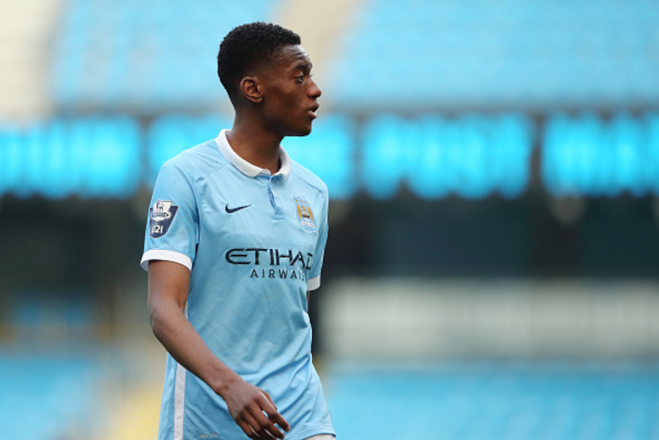 MANCHESTER, ENGLAND - MAY 09: Tosin Abarabioyo of Manchester City U21 during the Barclays U21 Premier League match between Manchester City and Chelsea on May 9, 2016 in Manchester, England. (Photo by Matthew Ashton - AMA/Getty Images)