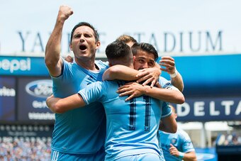 NEW YORK, NY - JULY 03: Frank Lampard #8, Jack Harrison #11 and David Villa #7 of New York City FC celebrate after scoring a goal during the match vs New York Red Bulls at Yankee Stadium on July 3, 2016 in New York City. New York City FC defeats New York 
