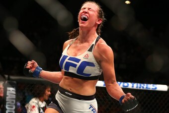 March 5, 2016; Las Vegas, NV, USA; Miesha Tate celebrates her victory by submission against Holly Holm during UFC 196 at MGM Grand Garden Arena. Mandatory Credit: Mark J. Rebilas-USA TODAY Sports