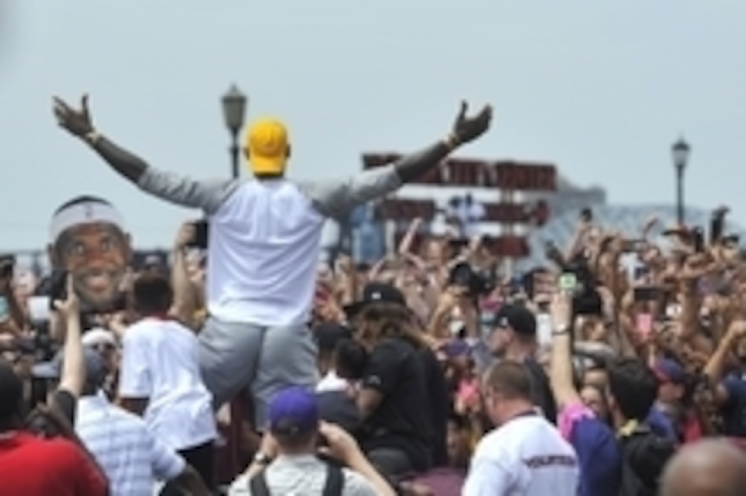 Jun 22, 2016; Cleveland, OH, USA; Cleveland Cavaliers forward LeBron James celebrates during the NBA championship parade in downtown Cleveland. Mandatory Credit: David Richard-USA TODAY Sports