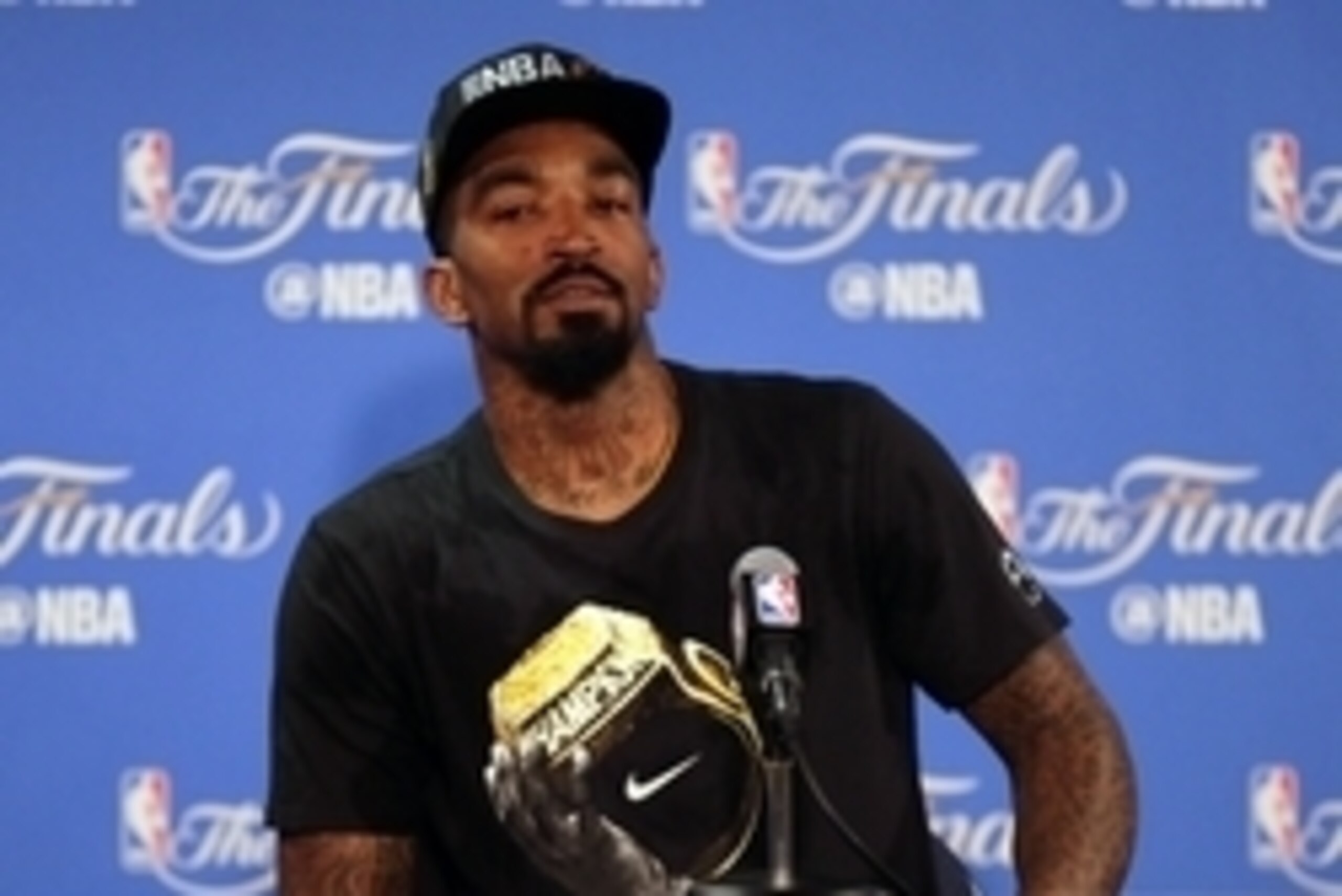 June 19, 2016; Oakland, CA, USA; Cleveland Cavaliers guard J.R. Smith (5) speaks to media following the 93-89 victory against the Golden State Warriors in game seven of the NBA Finals at Oracle Arena. Mandatory Credit: Kelley L Cox-USA TODAY Sports