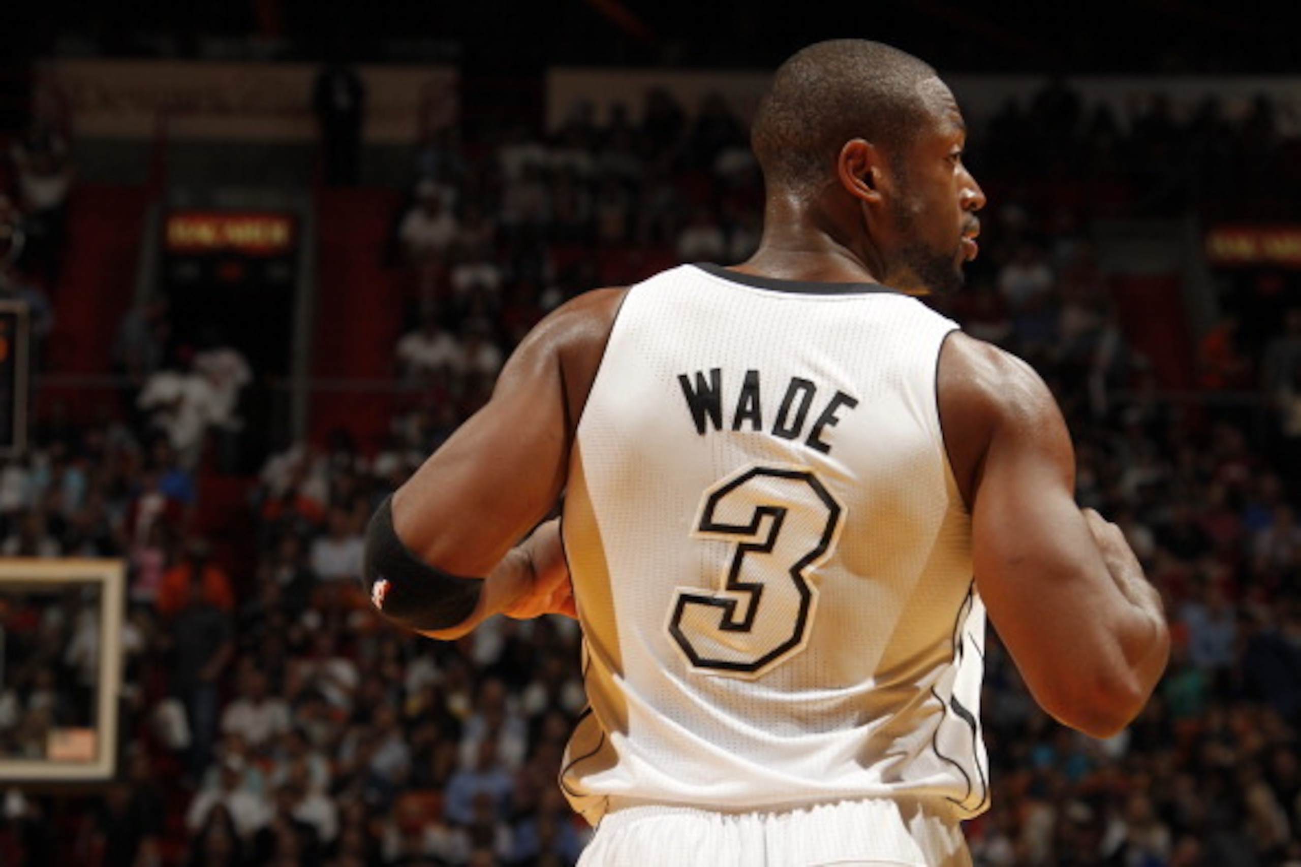 MIAMI, FL - DECEMBER 6: Dwyane Wade #3 of the Miami Heat has his back to the camera during a game on December 6, 2012 at American Airlines Arena in Miami, Florida. NOTE TO USER: User expressly acknowledges and agrees that, by downloading and/or using this