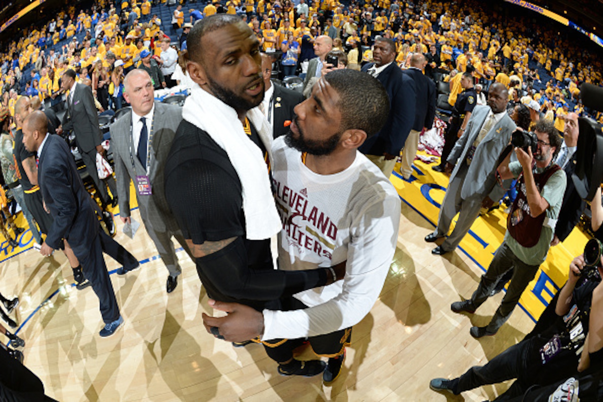 OAKLAND, CA - JUNE 13:  LeBron James #23 and Kyrie Irving #2 of the Cleveland Cavaliers celebrate after defeating the Golden State Warriors in Game Five of the 2016 NBA Finals on June 13, 2016 at Oracle Arena in Oakland, California. NOTE TO USER: User exp
