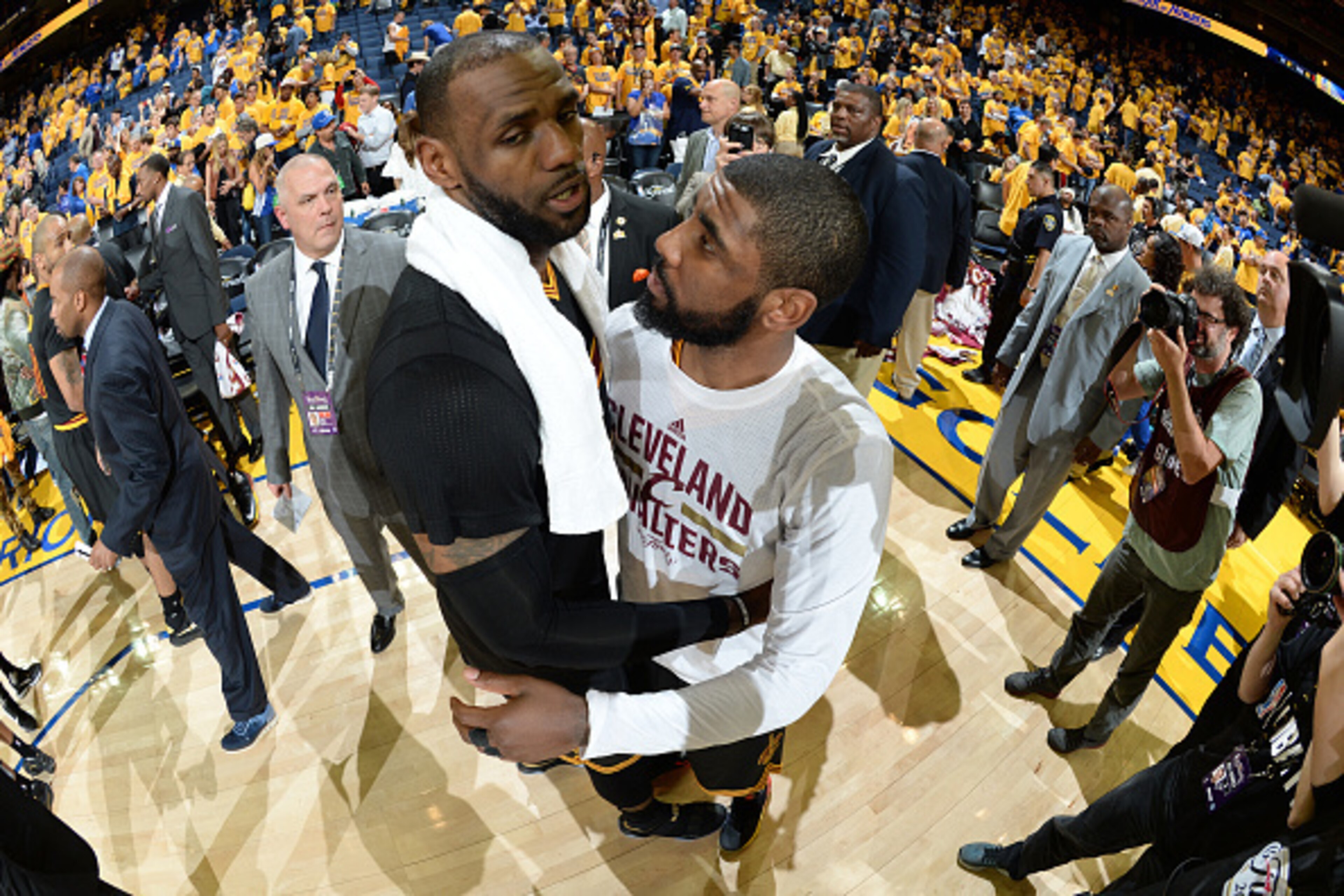 OAKLAND, CA - JUNE 13:  LeBron James #23 and Kyrie Irving #2 of the Cleveland Cavaliers celebrate after defeating the Golden State Warriors in Game Five of the 2016 NBA Finals on June 13, 2016 at Oracle Arena in Oakland, California. NOTE TO USER: User exp