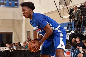 ORLANDO, FL - JULY 5:  Stanley Johnson #7 of the Detroit Pistons handles the ball against the Indiana Pacers during the Orlando Summer League on July 5, 2016 at Amway Center in Orlando, Florida. NOTE TO USER: User expressly acknowledges and agrees that, b