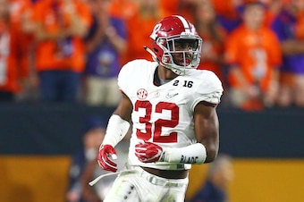 Jan 11, 2016; Glendale, AZ, USA; Alabama Crimson Tide linebacker Rashaan Evans (32) against the Clemson Tigers in the 2016 CFP National Championship at University of Phoenix Stadium. Mandatory Credit: Mark J. Rebilas-USA TODAY Sports