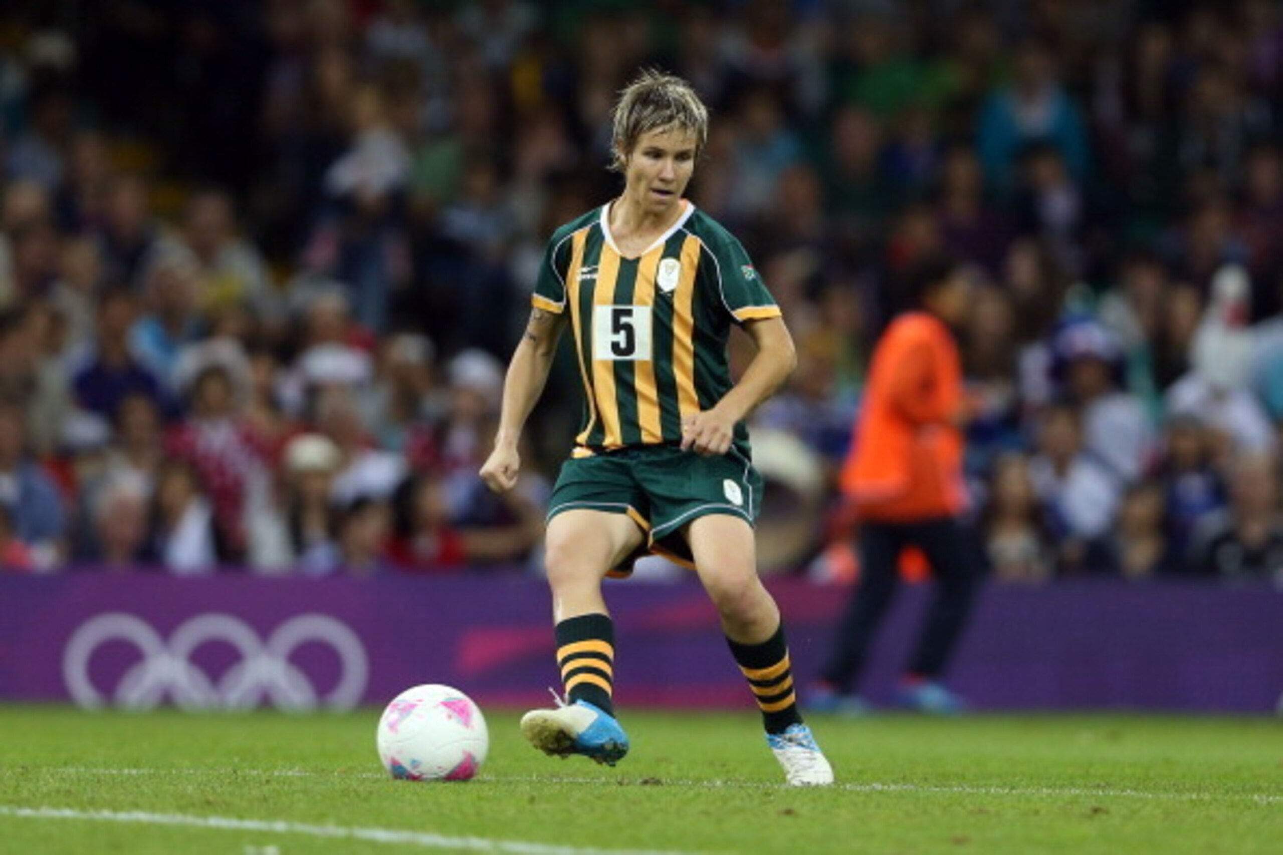 CARDIFF, WALES - JULY 31:  Janine van Wyk of South Africa runs with the ball during the Women's Football first round Group F Match between Japan and South Africa, on Day 4 of the London 2012 Olympic Games at Millennium Stadium on July 31, 2012 in Cardiff,