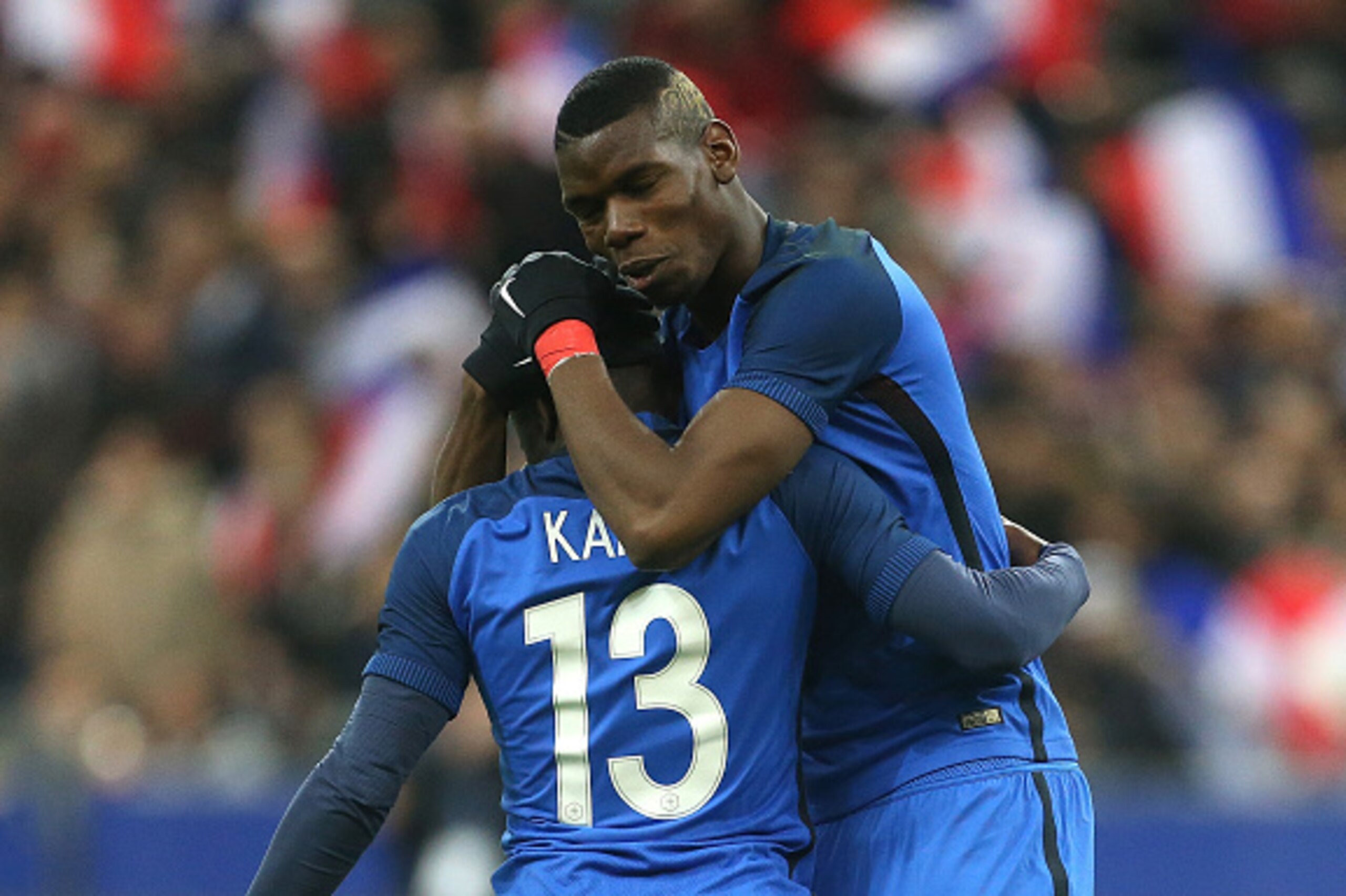 PARIS, FRANCE - MARCH 29:  N'Golo Kante of France celebrates his goal with Paul Pogba of France during the international friendly match between France and Russia at Stade de France on March 29, 2016 in Saint-Denis near Paris, France.  (Photo by Jean Catuf
